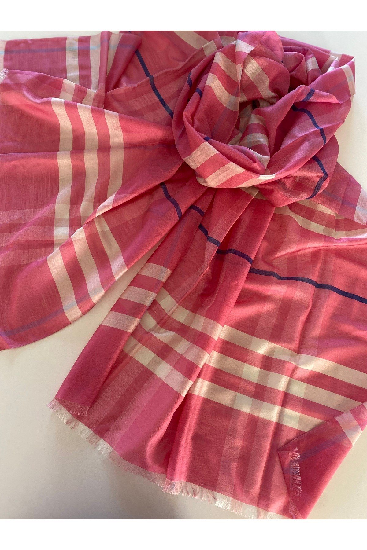 Ekose Desen İpekli Pembe Şal 70 x 260 cm