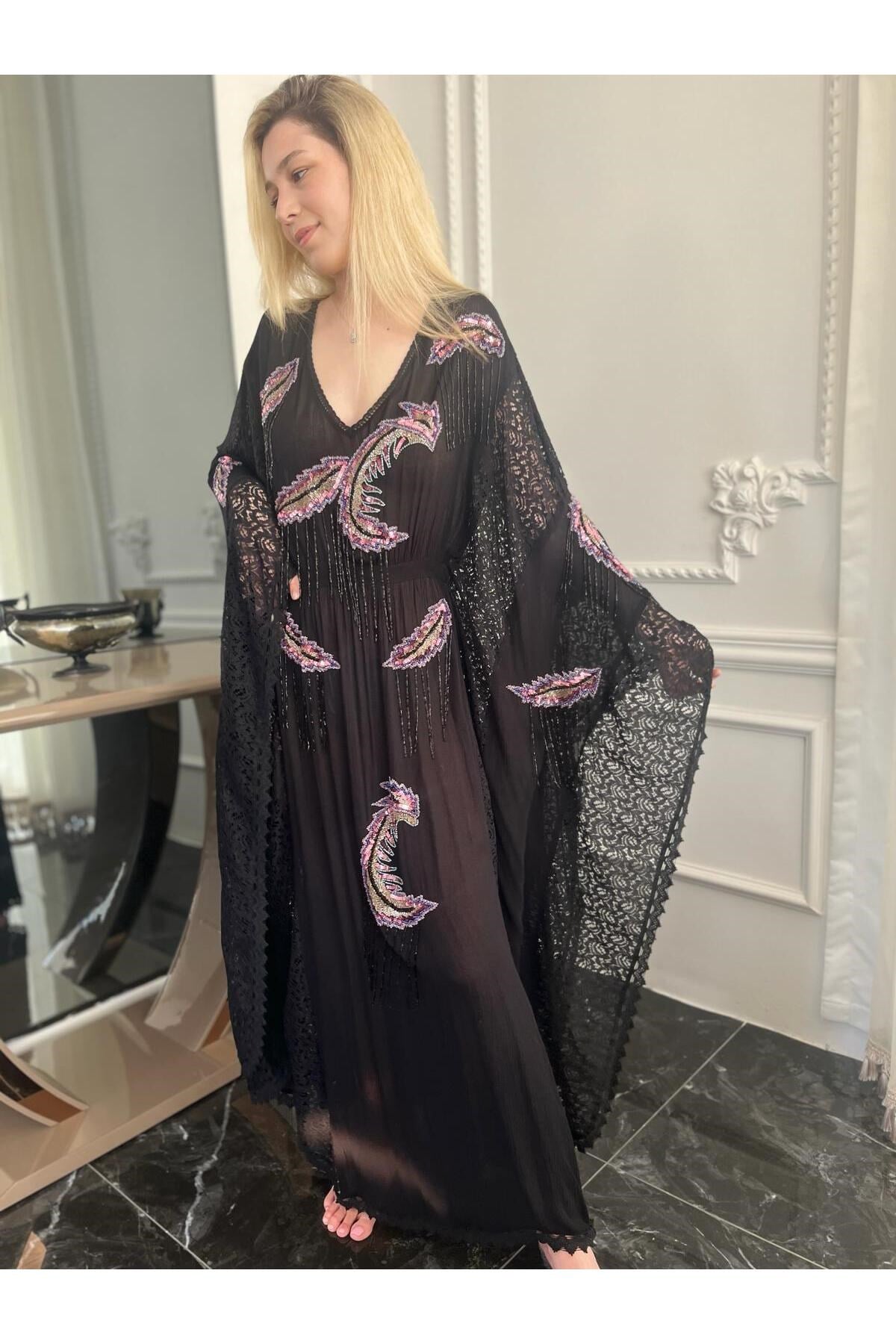 Fıransız Tasarım İşlemeli Siyah Abiye Elbise Kaftan Abaya