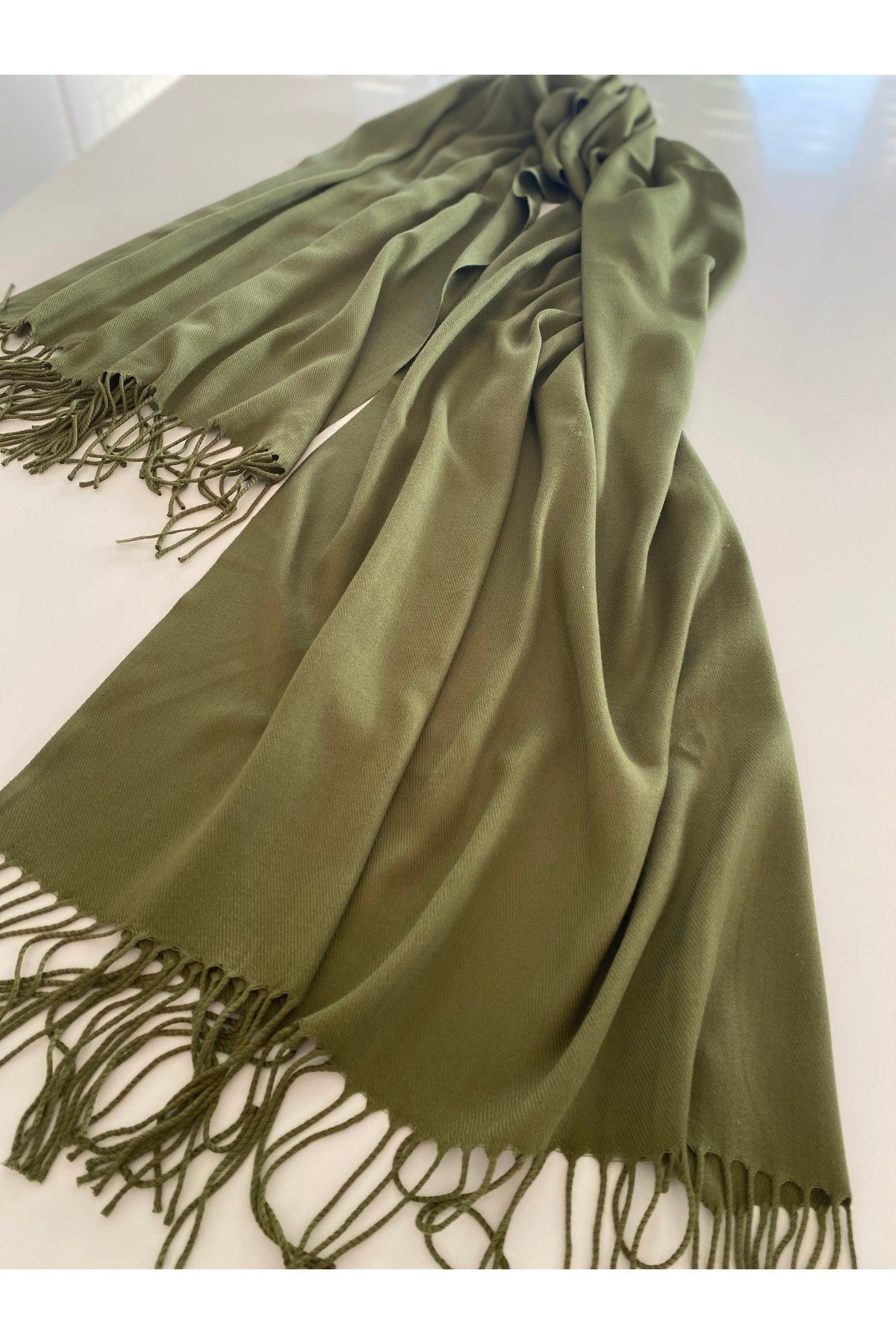 Haki Kaşmir Yumuşak Dokulu Omuz Atkısı (Cashmere) Kışlık Kalın Şal