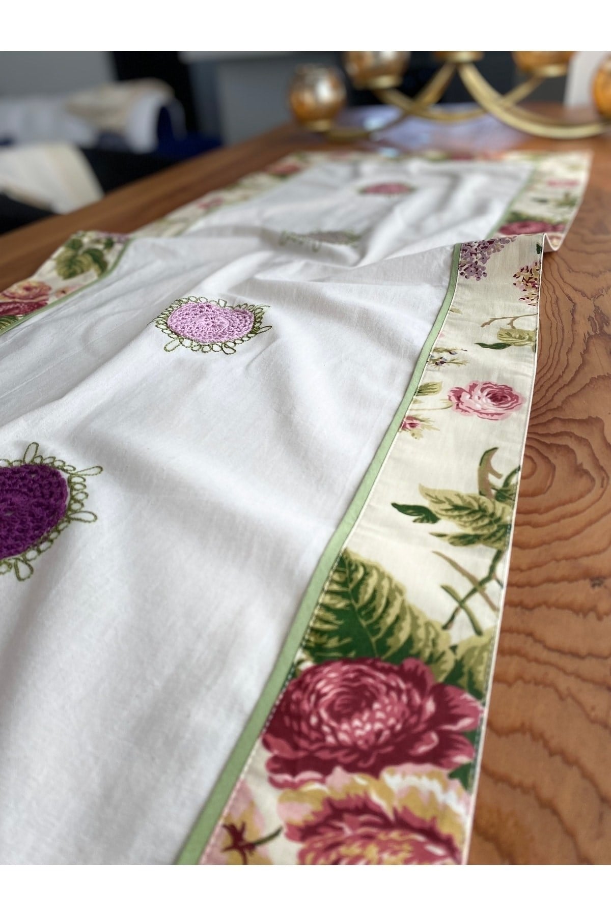 Home's Yeşil Naturel Dantelli İşlemeli Buldan Dokuma Runner