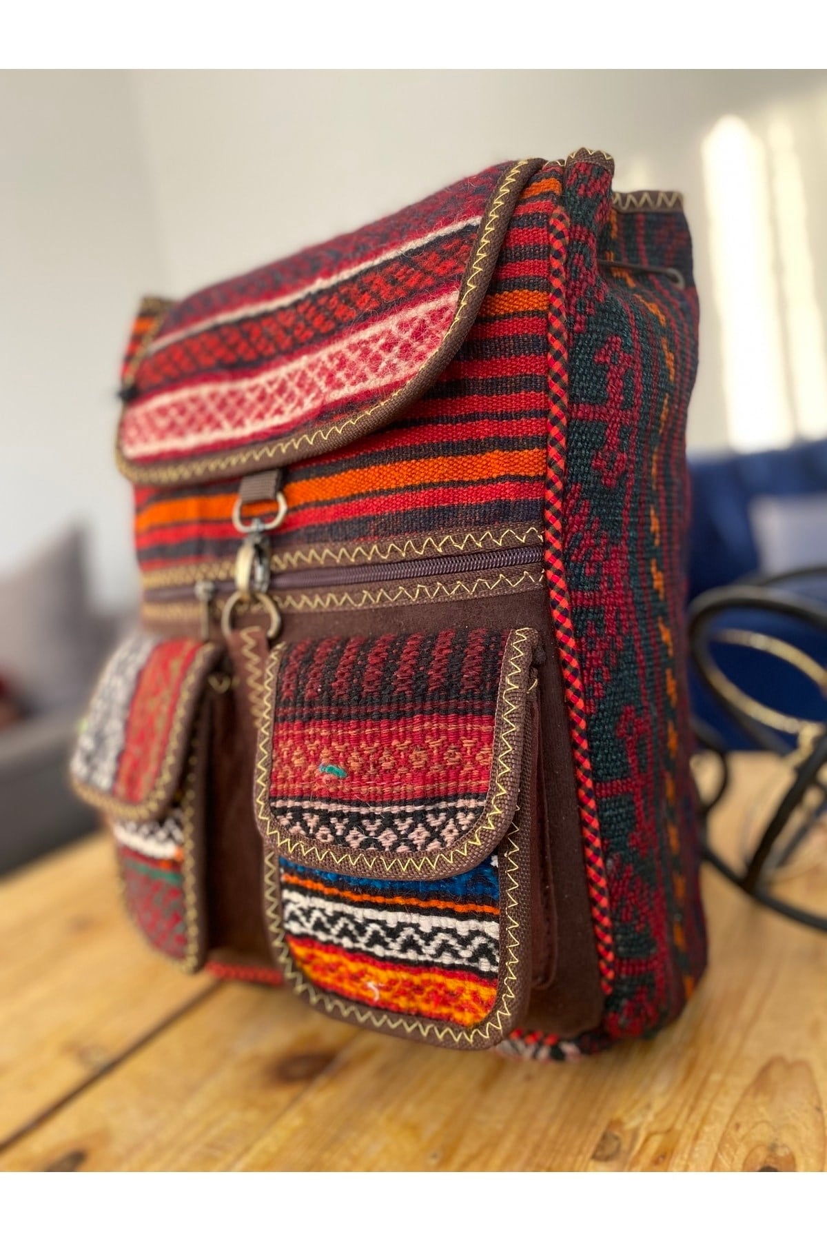 Iran Işi El Yapımı Haki Günlük Bohem Kilim Sırt Çantası