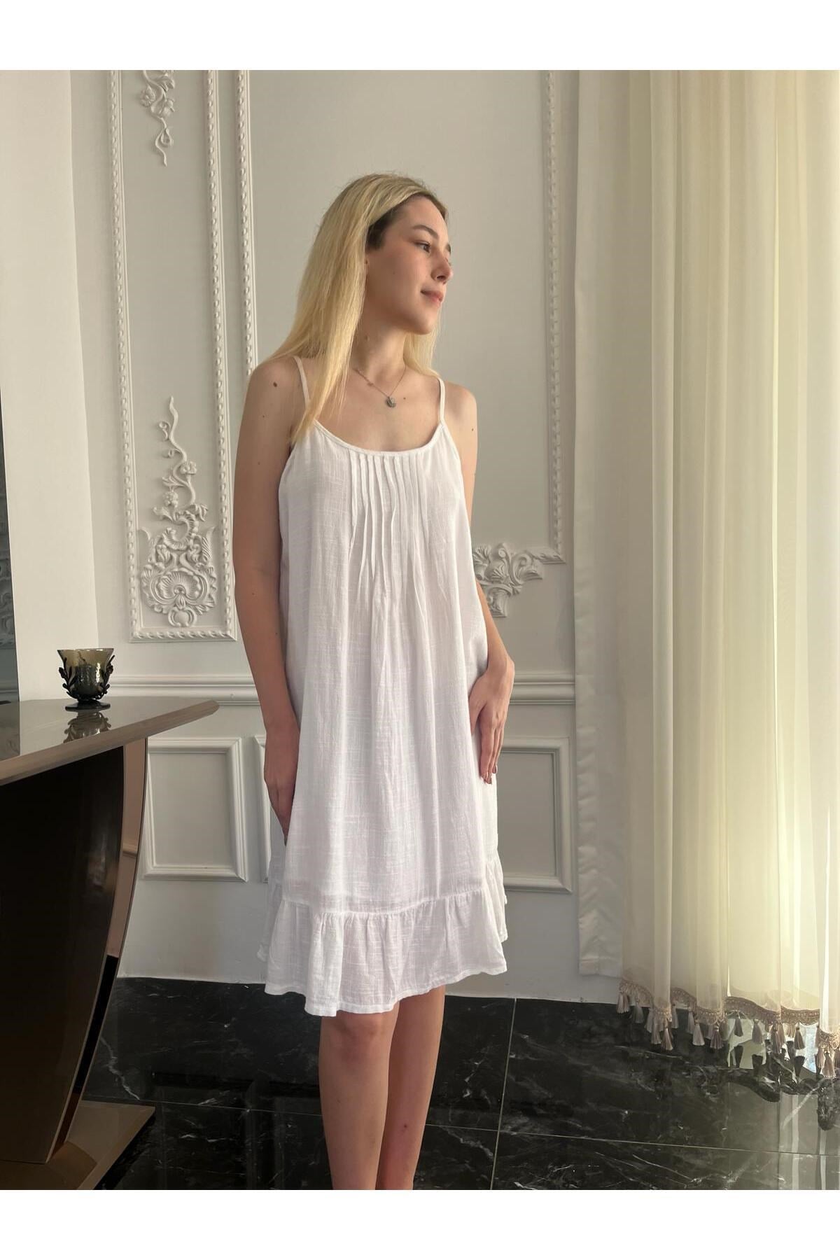 Kadın Beyaz Naturel Pamuk Askılı Elbise