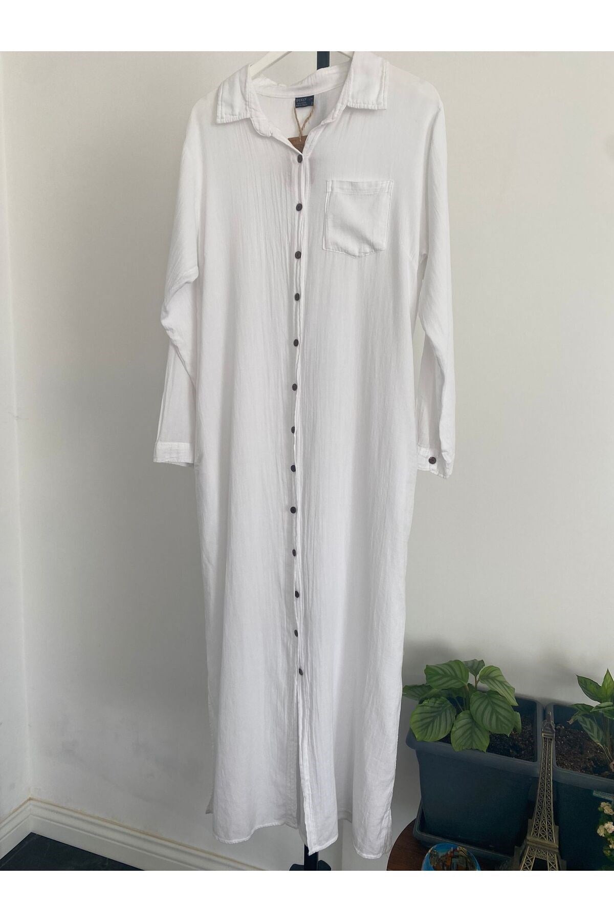 Kadın Beyaz Yırtmaçlı Uzun Kollu Gömlek Yaka Organik Pamuk Kaftan Kimono