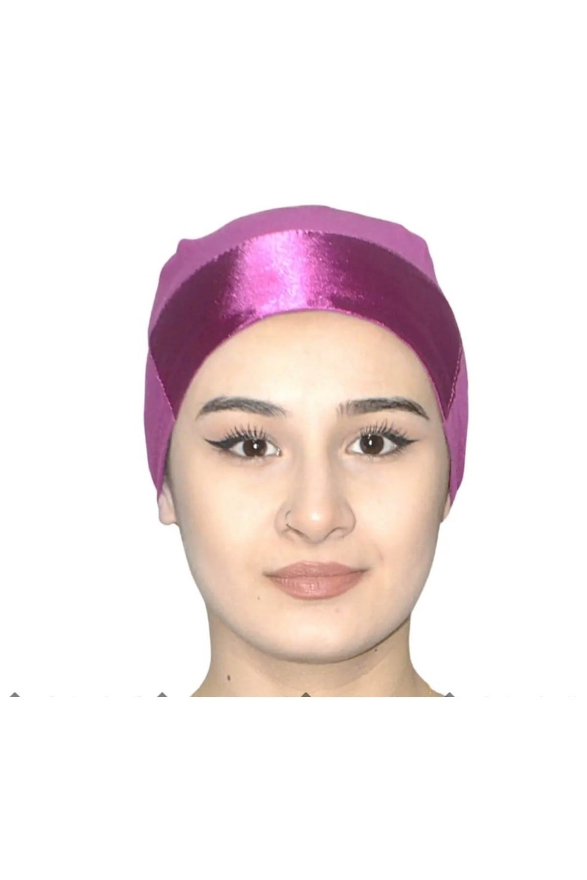 Kadın Fuşya Bağcıklı Penye Alın Kısmı Saten Tesettür Bone
