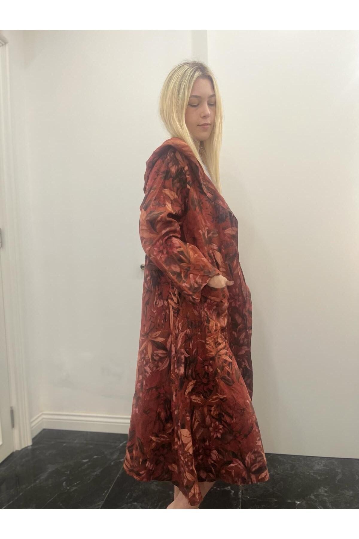 Kadın Keten Kumaştan Dökümlü Uzun Kimono