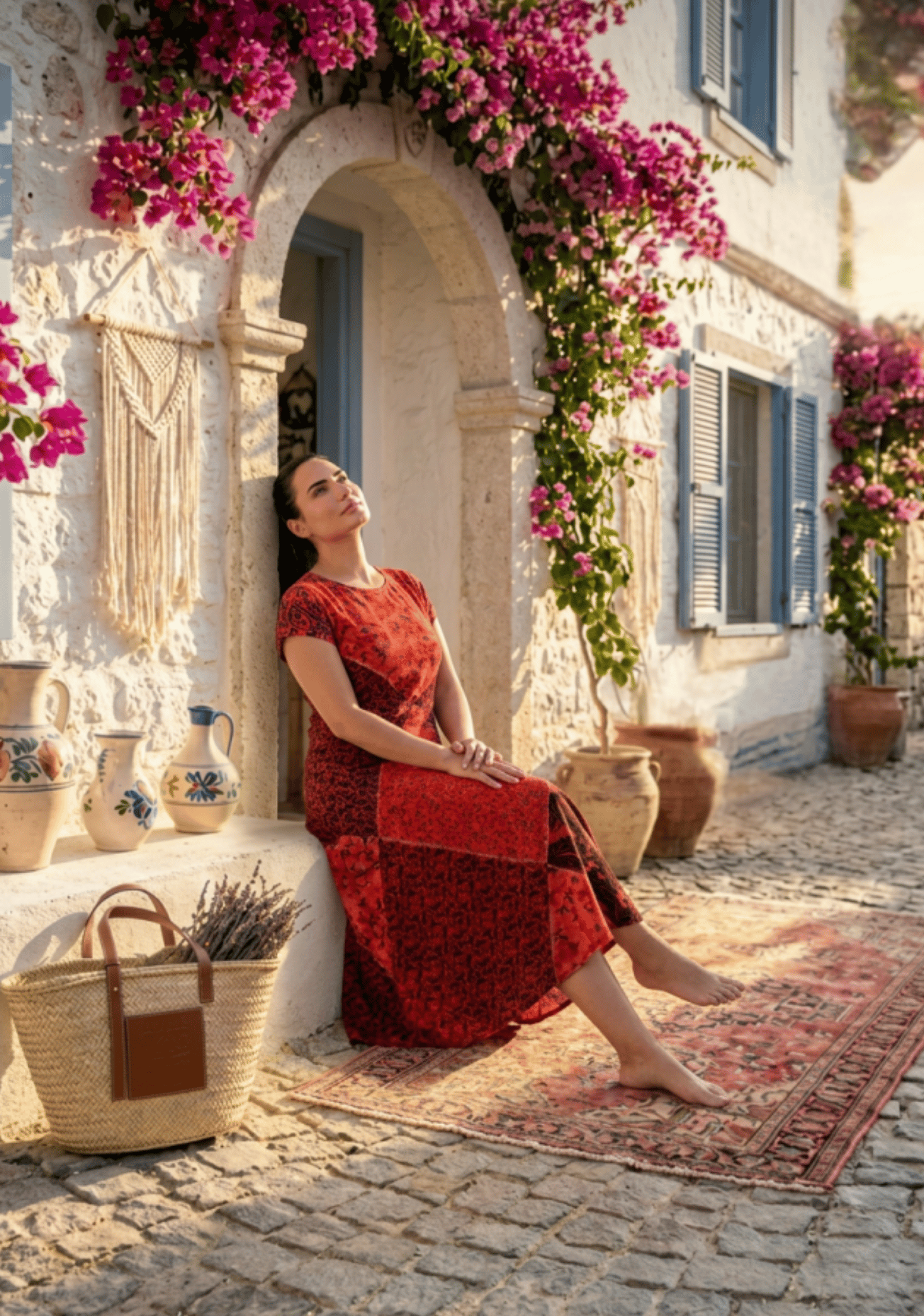 Kadın Kırmızı Ay Kol Patchwork Naturel Elbise