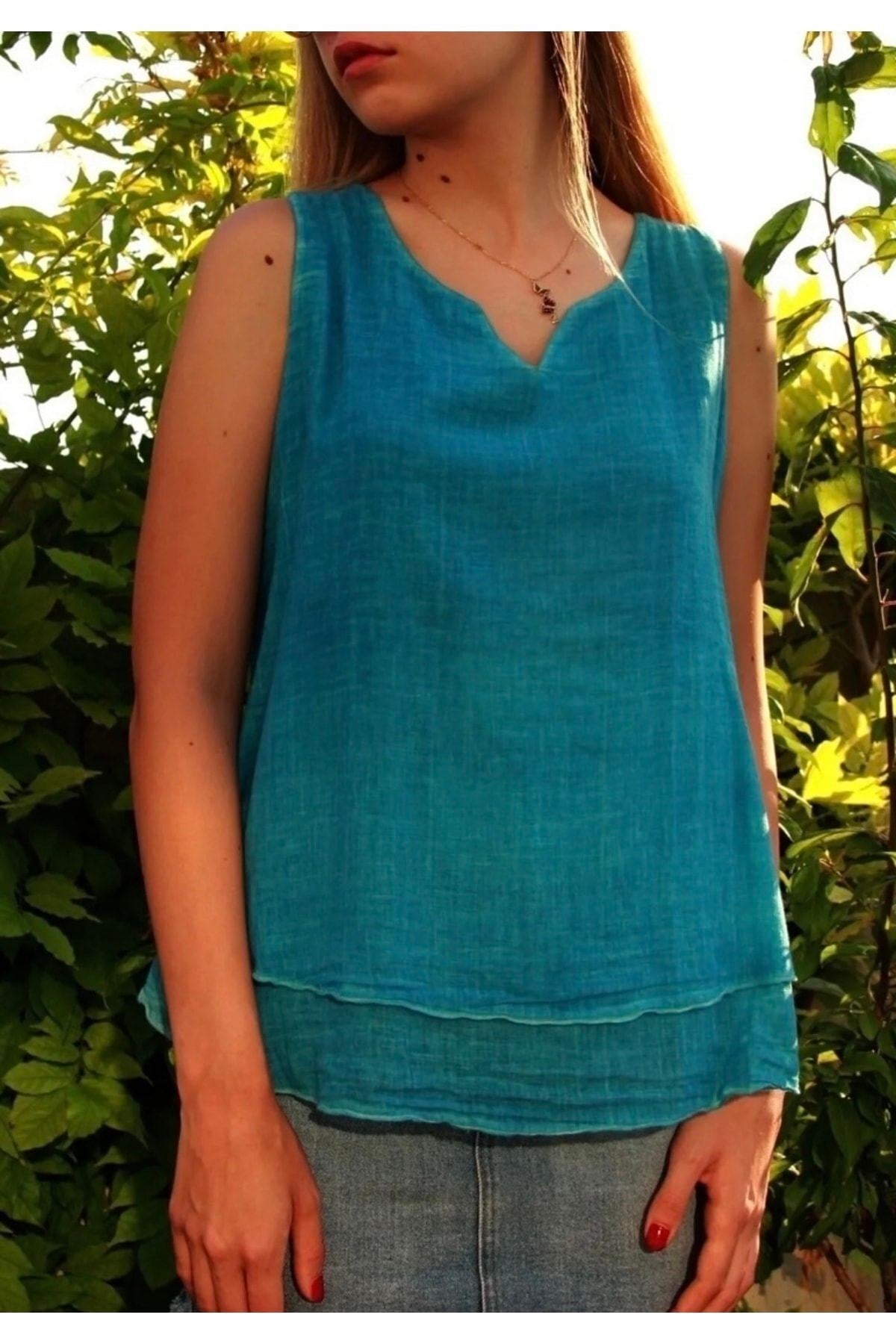 Kadın Mavi Kolsuz Organik Pamuk Çift Katlı Bluz