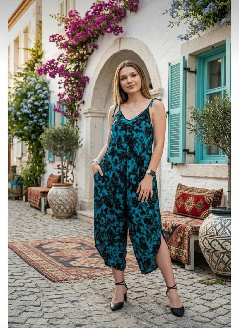Kadın Mavi Salaş Ayarlanabilir Askılı Bohem Tulum