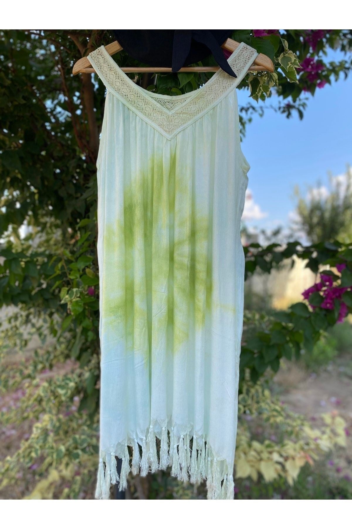 Kadın Mint Batik Desen Kloş Plaj Elbisesi