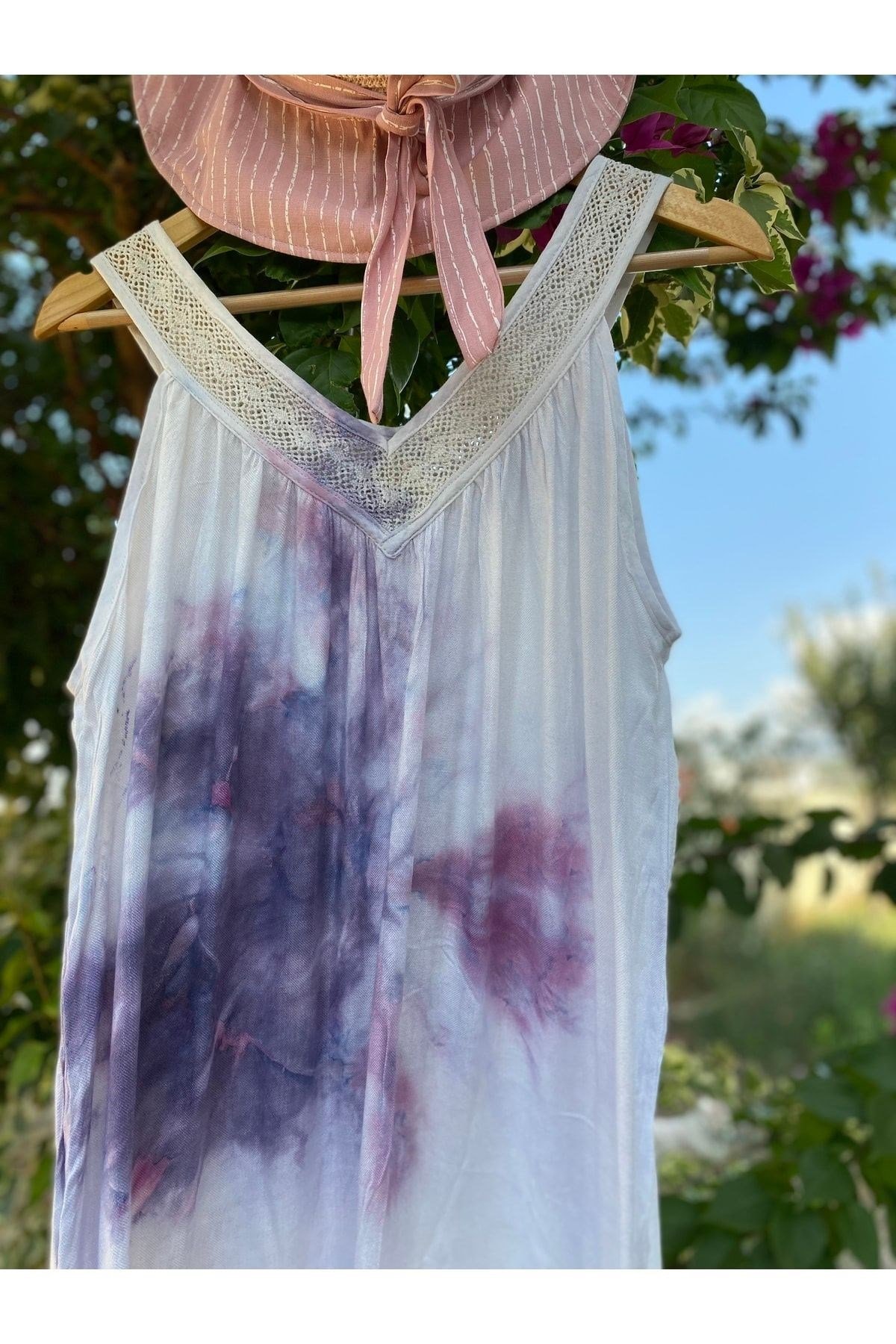 Kadın Mor Batik Desen Kloş Plaj Elbisesi