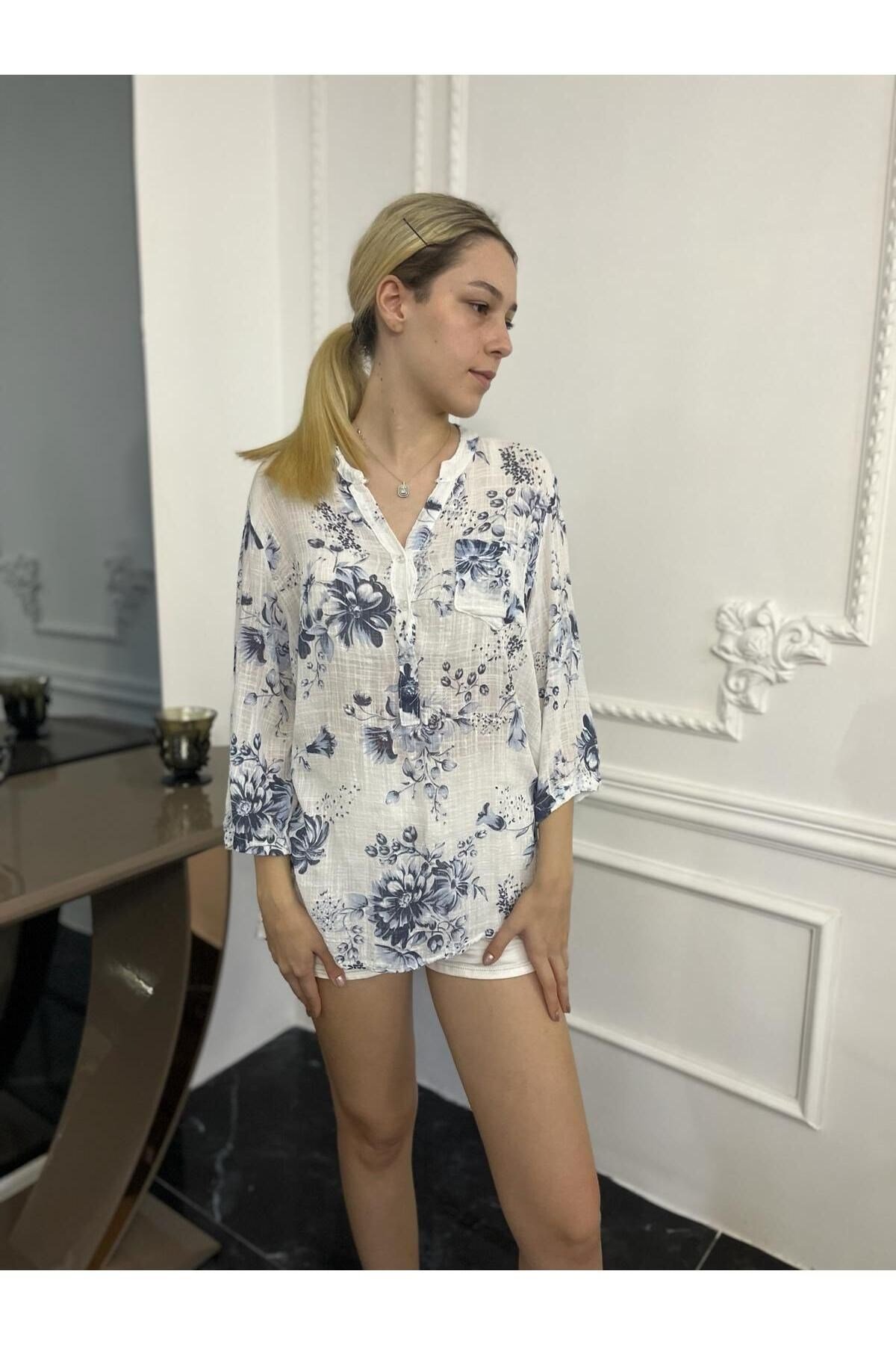 Kadın Naturel Hakim Yaka Keten Gömlek Bluz
