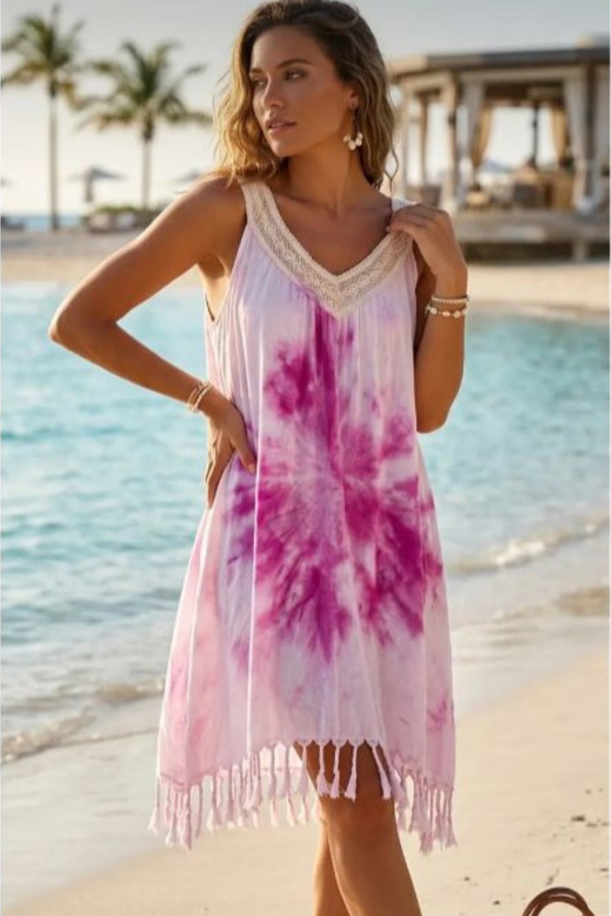Kadın Pembe Batik Desen Kloş Plaj Elbisesi