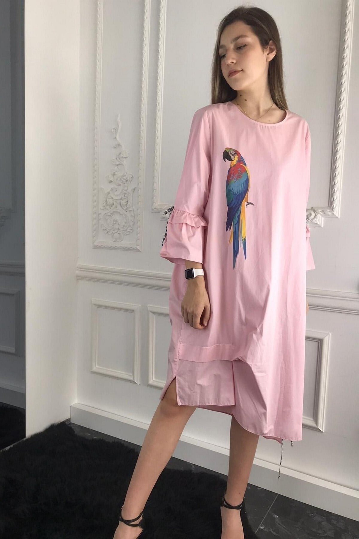 Kadın Pembe Viskon Pamuk Kolları Pileli Elbise