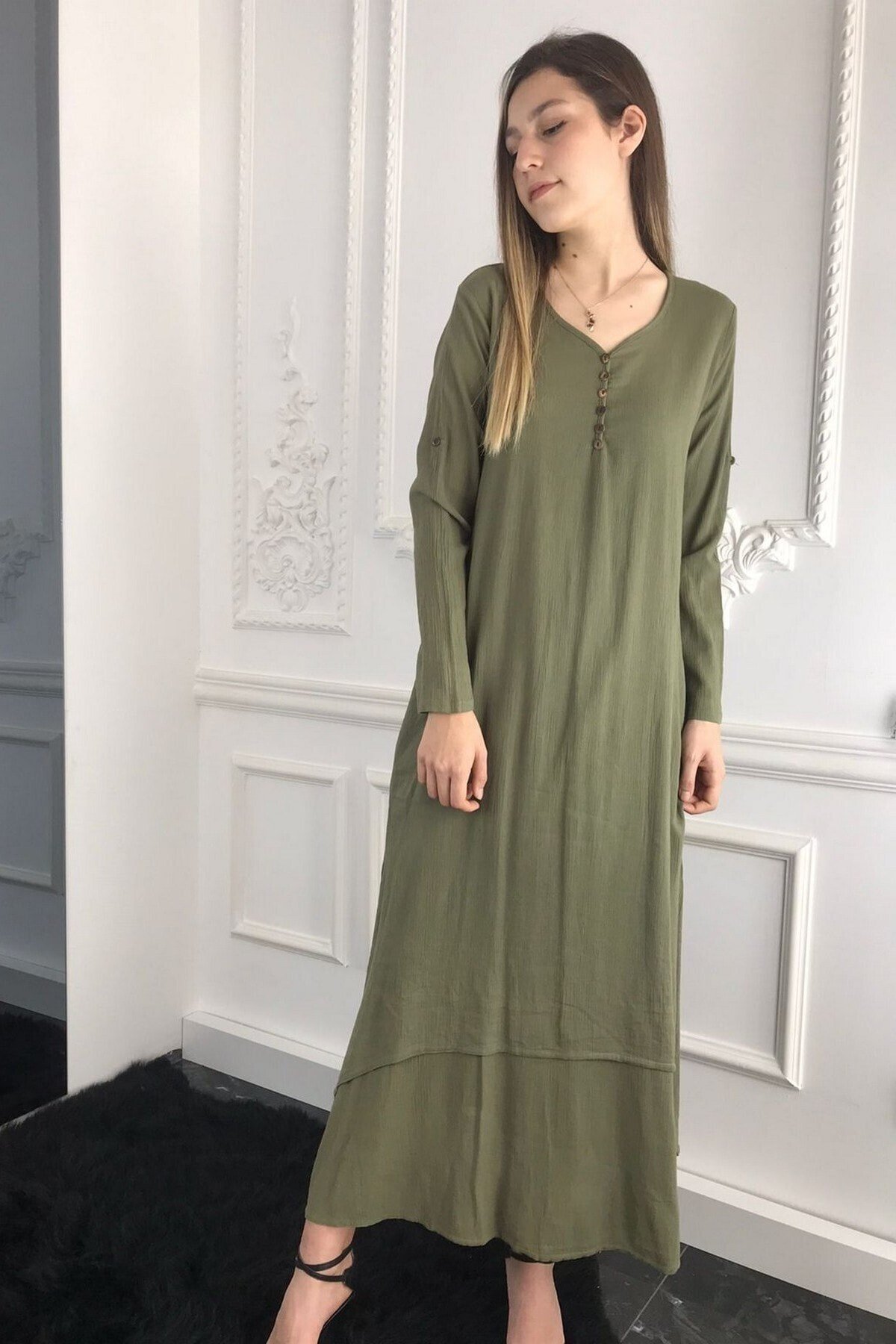 Kadın Yeşil Naturel Pamuk Dokuma Kolları Ayarlanabilir Haki Uzun Elbise
