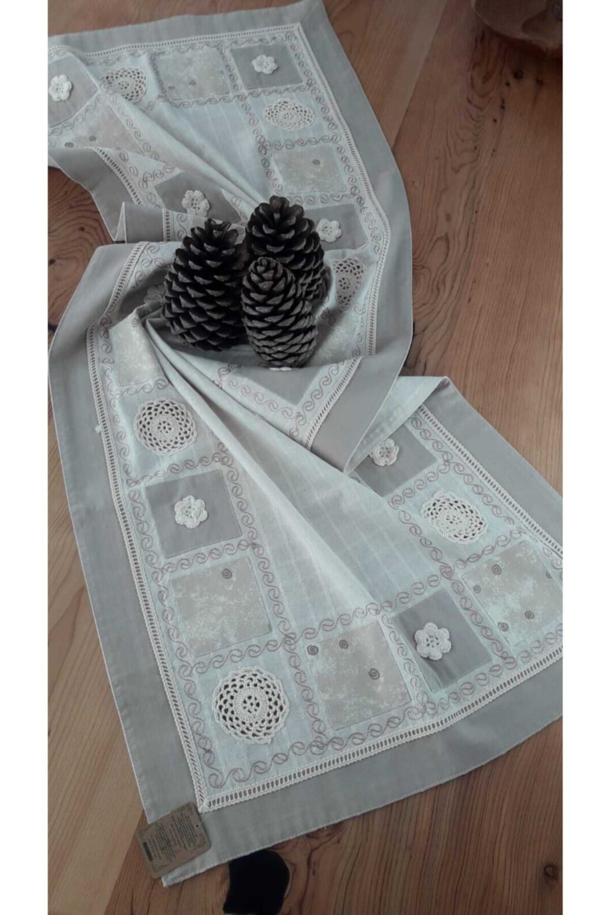 Kahve El Işi Patchwork Dantelli Naturel Runner