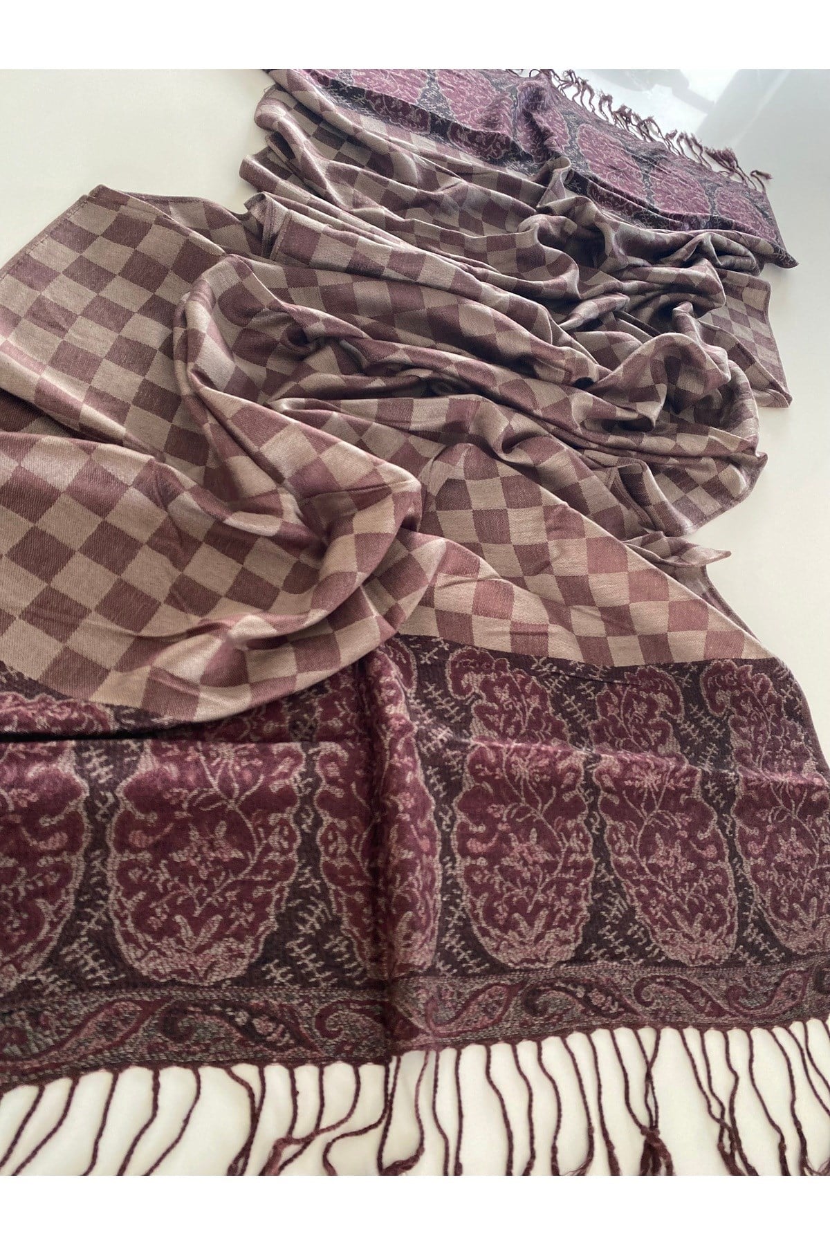 Kahverengi Elegansa Omuz Atkısı Kaşmir Dokulu Şık Şal Kasmir Sal (Cashmere)