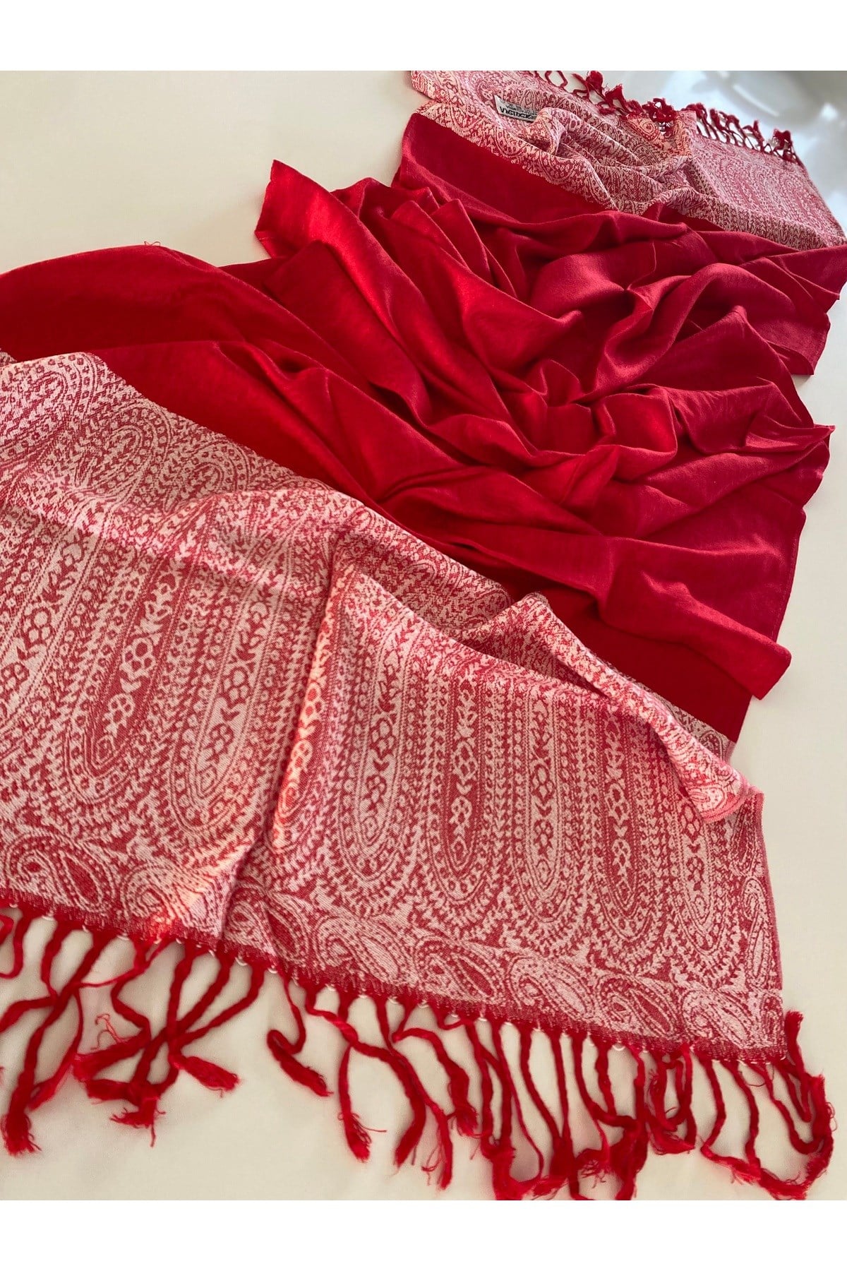 Kırmızı Elegansa Omuz Atkısı Kaşmir Dokulu Şık Şal Kasmir Sal (Cashmere)