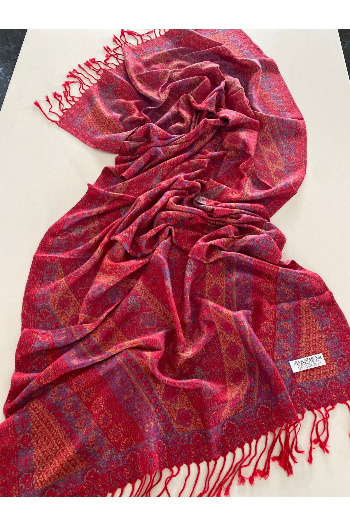 Kırmızı İndigo Elegansa Omuz Atkısı Kaşmir Dokulu Şık Şal Kasmir Sal (Cashmere)