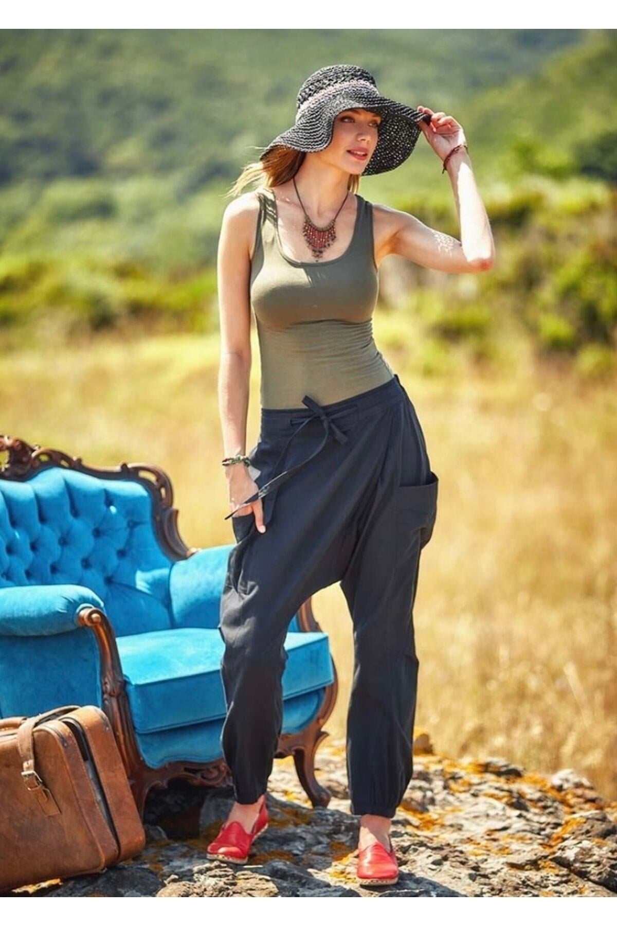 Kruvaze Bohem Elastik Paça Siyah Unisex Şalvar Pantolon