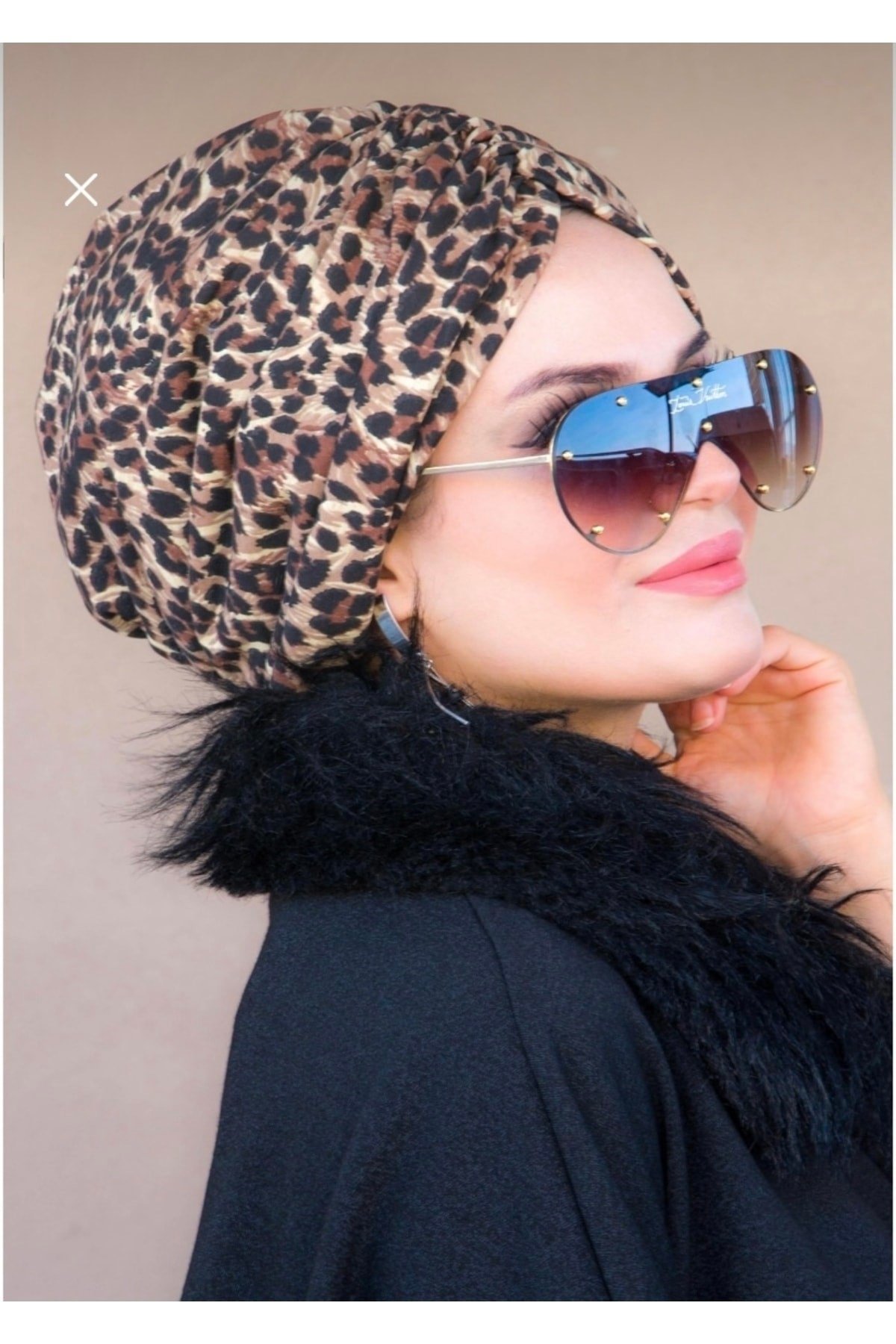 Leopar Desenli Büzgülü Bone