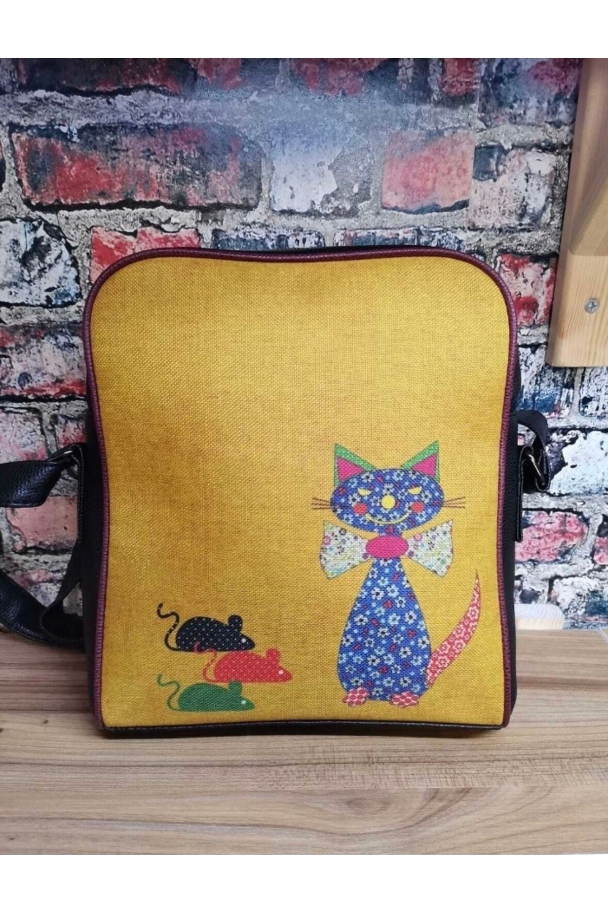 Papyonlu Kedi Bohem Tarz Siyah Çanta