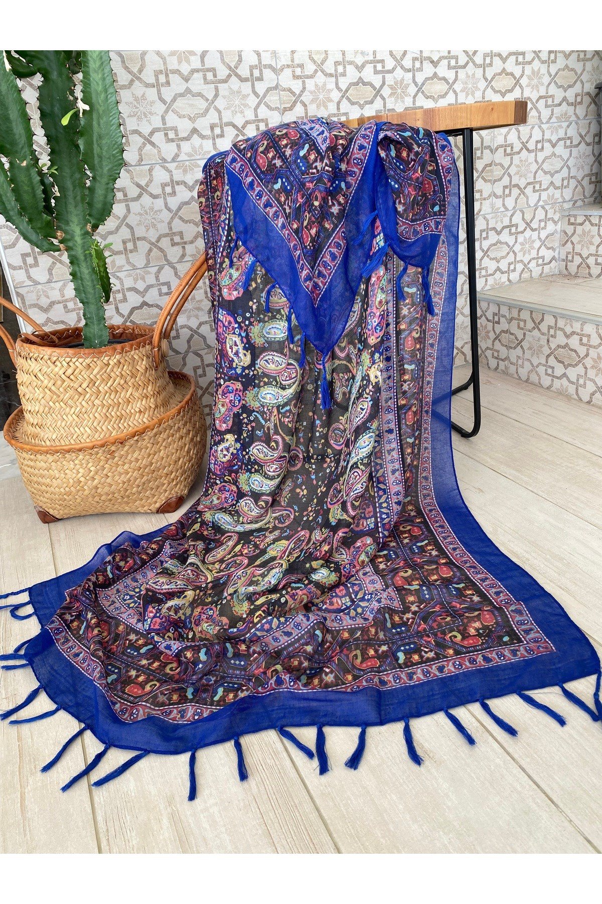 Sax Mavi Etnik Desenli 100 x 180 cm Şal Pareo Paisley 1758097