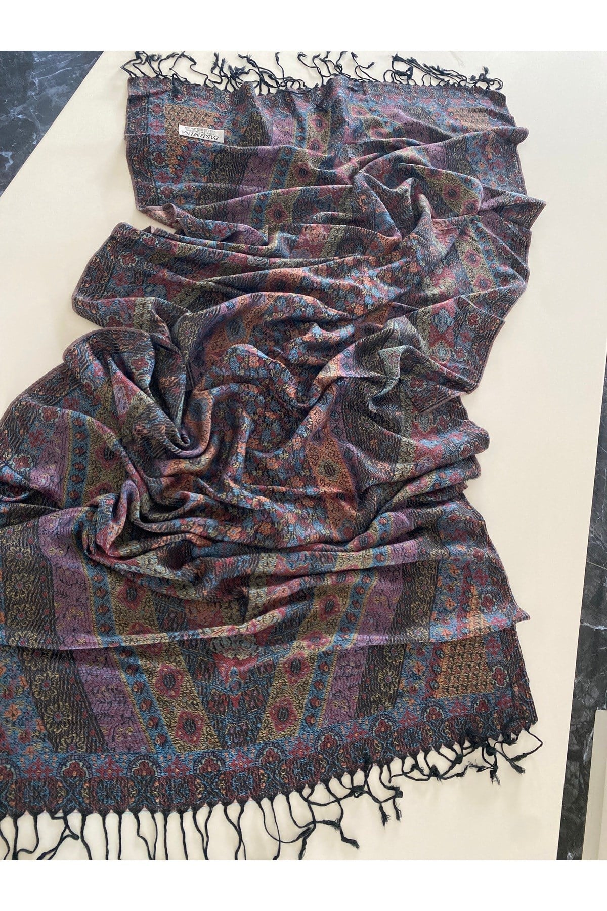 Siyah İndigo Elegansa Omuz Atkısı Kaşmir Dokulu Şık Şal Kasmir Sal (Cashmere)
