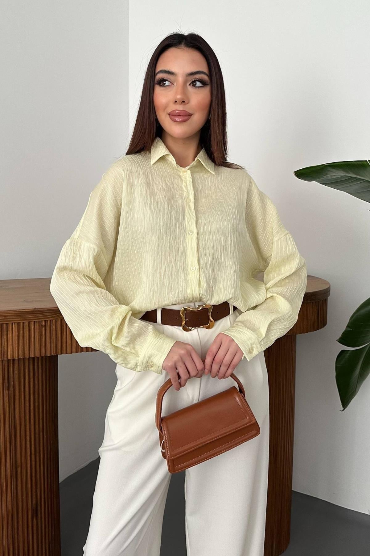 Toptan Sarı Nakışlı Oversize Gömlek