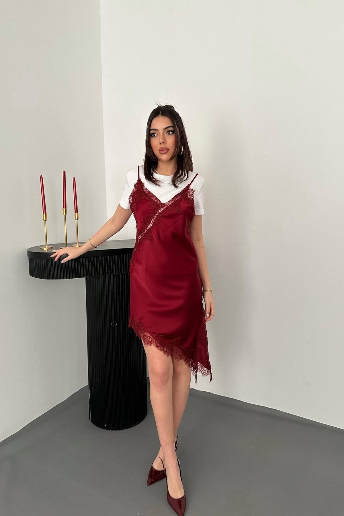 Toptan Bordo Dantelli Elbise