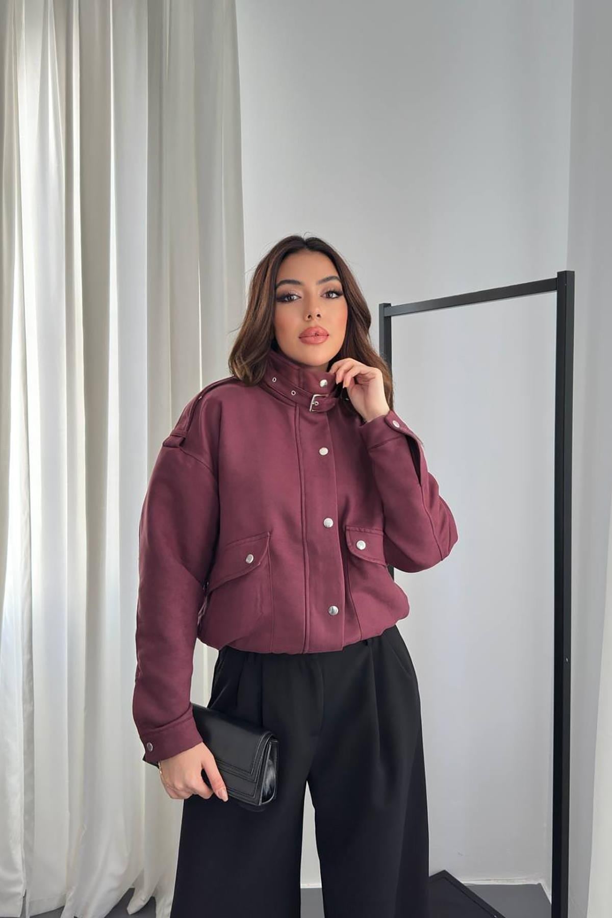 Toptan Bordo Dik Yakalı Kısa Ceket