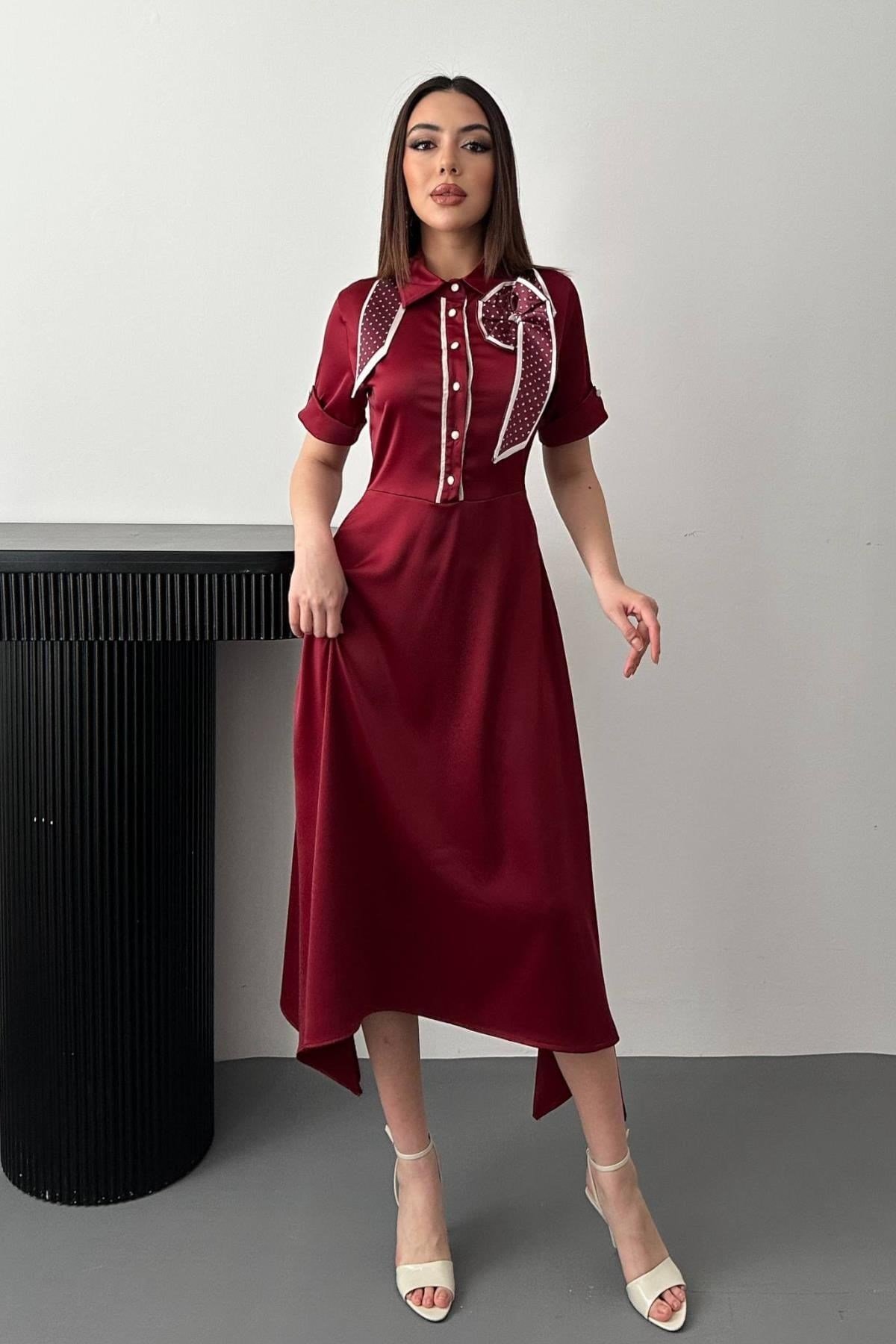 Toptan Bordo Fular Detaylı Saten Elbise
