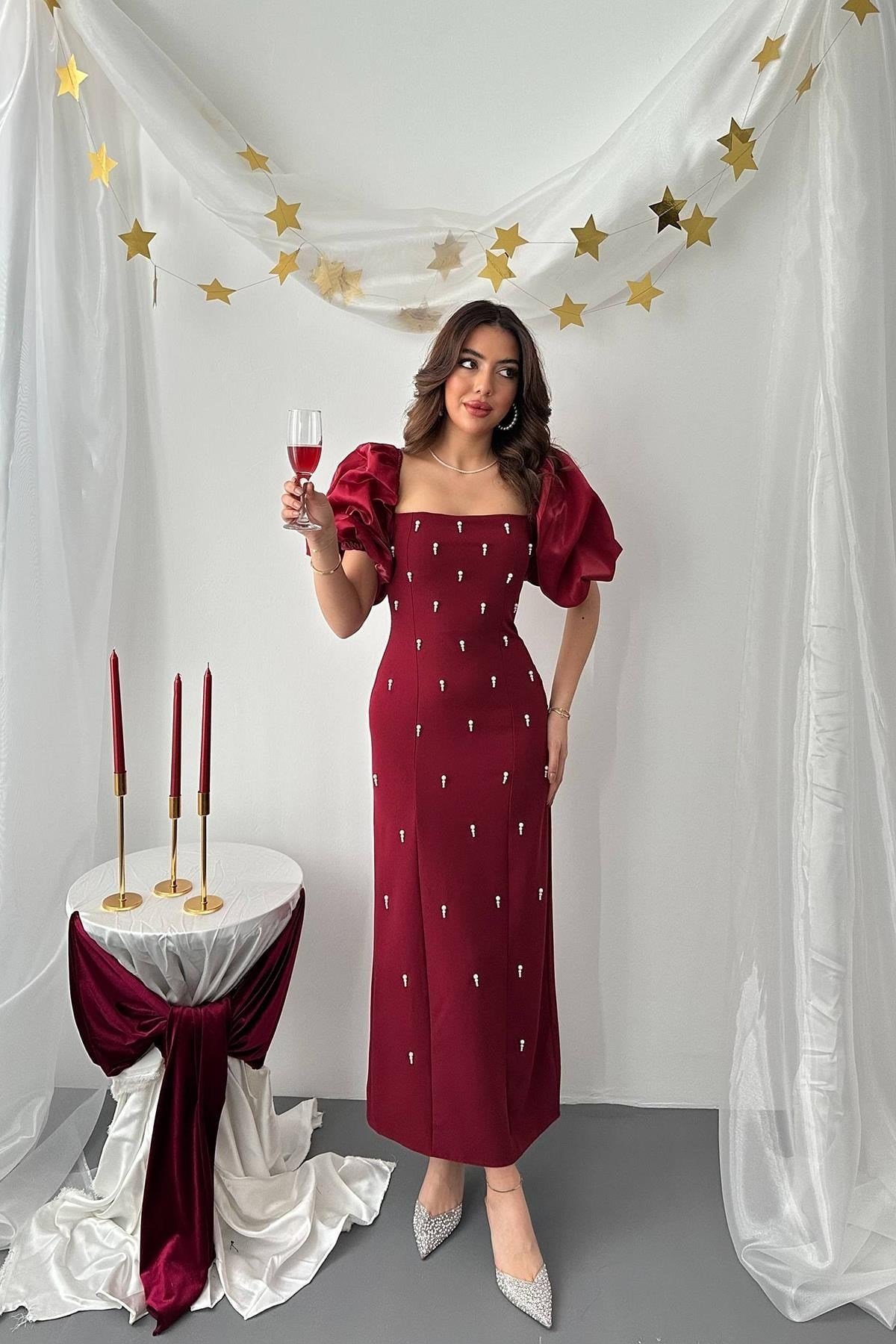 Toptan Bordo İşlemeli Kolu Garnili Elbise