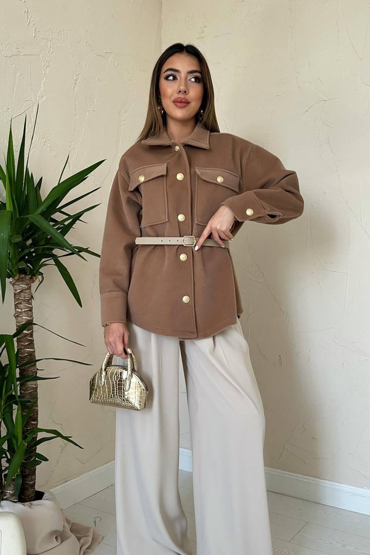 Toptan Camel Kaşe Gold Düğmeli Gömlek