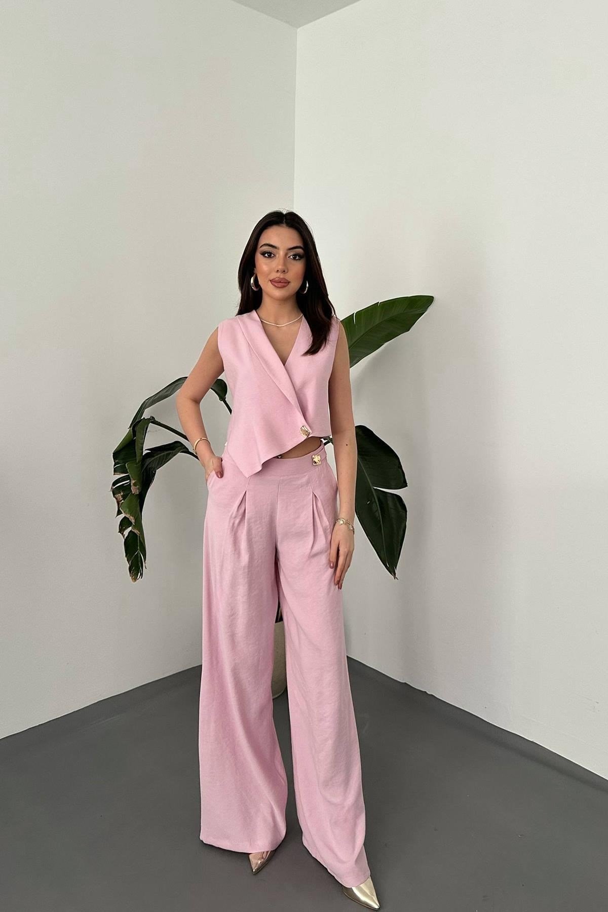 Toptan Pembe Asimetrik Yelek Ve Pantolon Takım