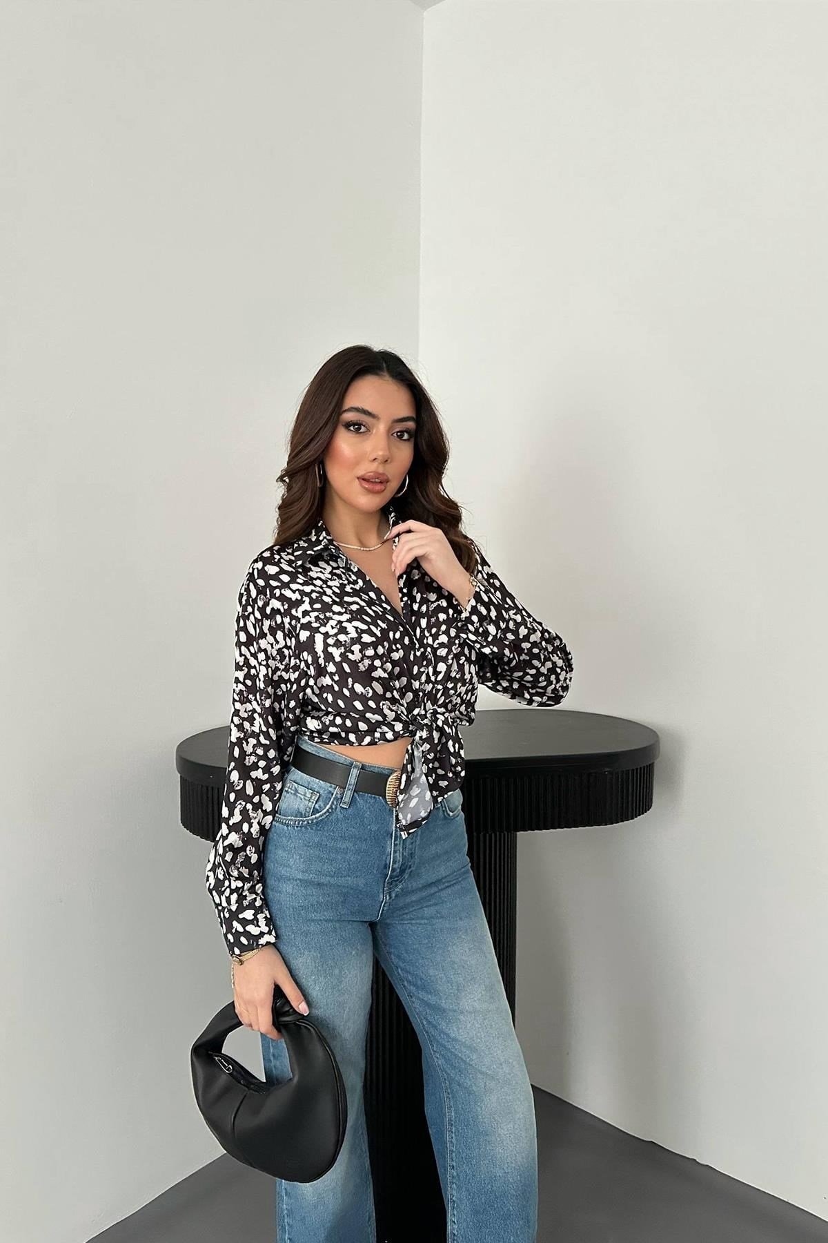 Toptan Siyah Leopar Desenli Saten Gömlek