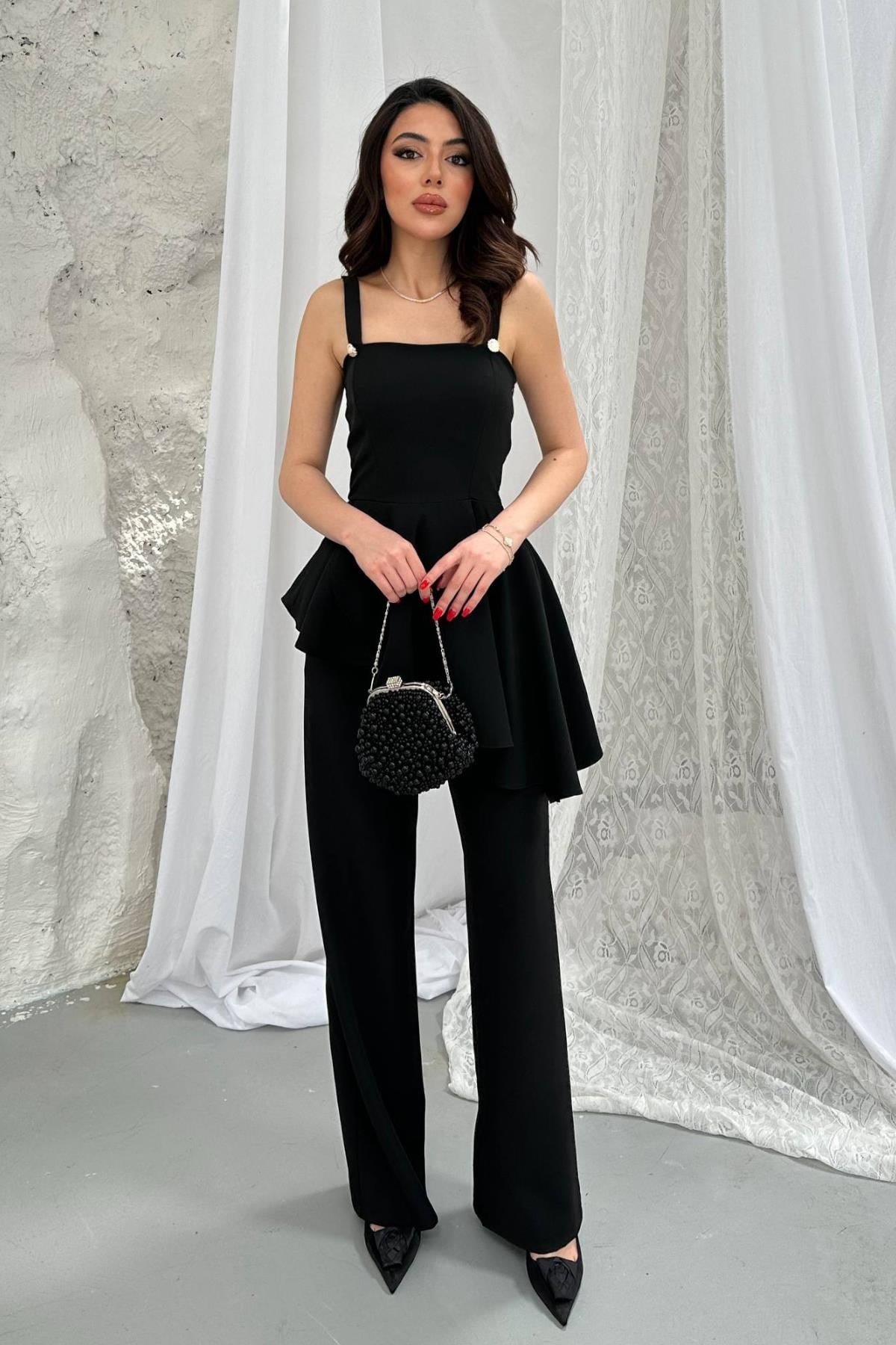 Toptan Siyah Volanlı Bluz Ve Pantolon Takım
