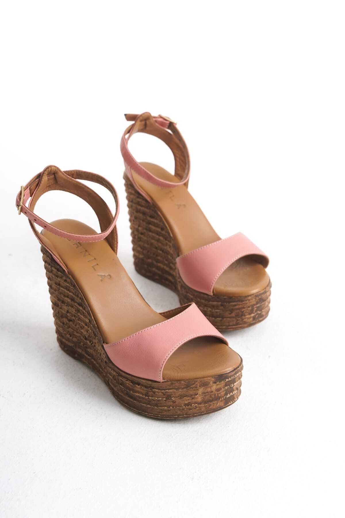 SİDE Pembe Hakiki Deri Dolgu Topuk Sandalet
