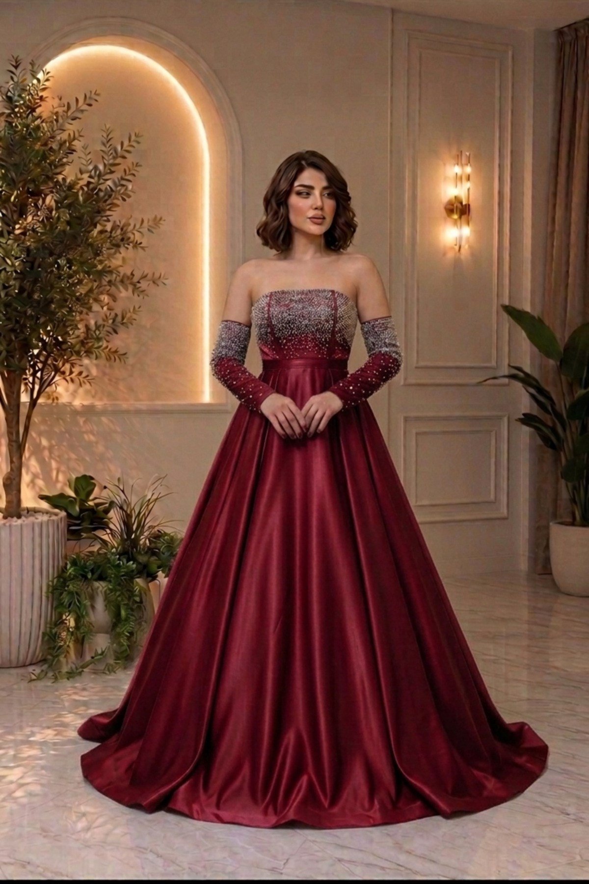 Taş Detaylı Prenses Model Mezuniyet ve Nişan Elbisesi