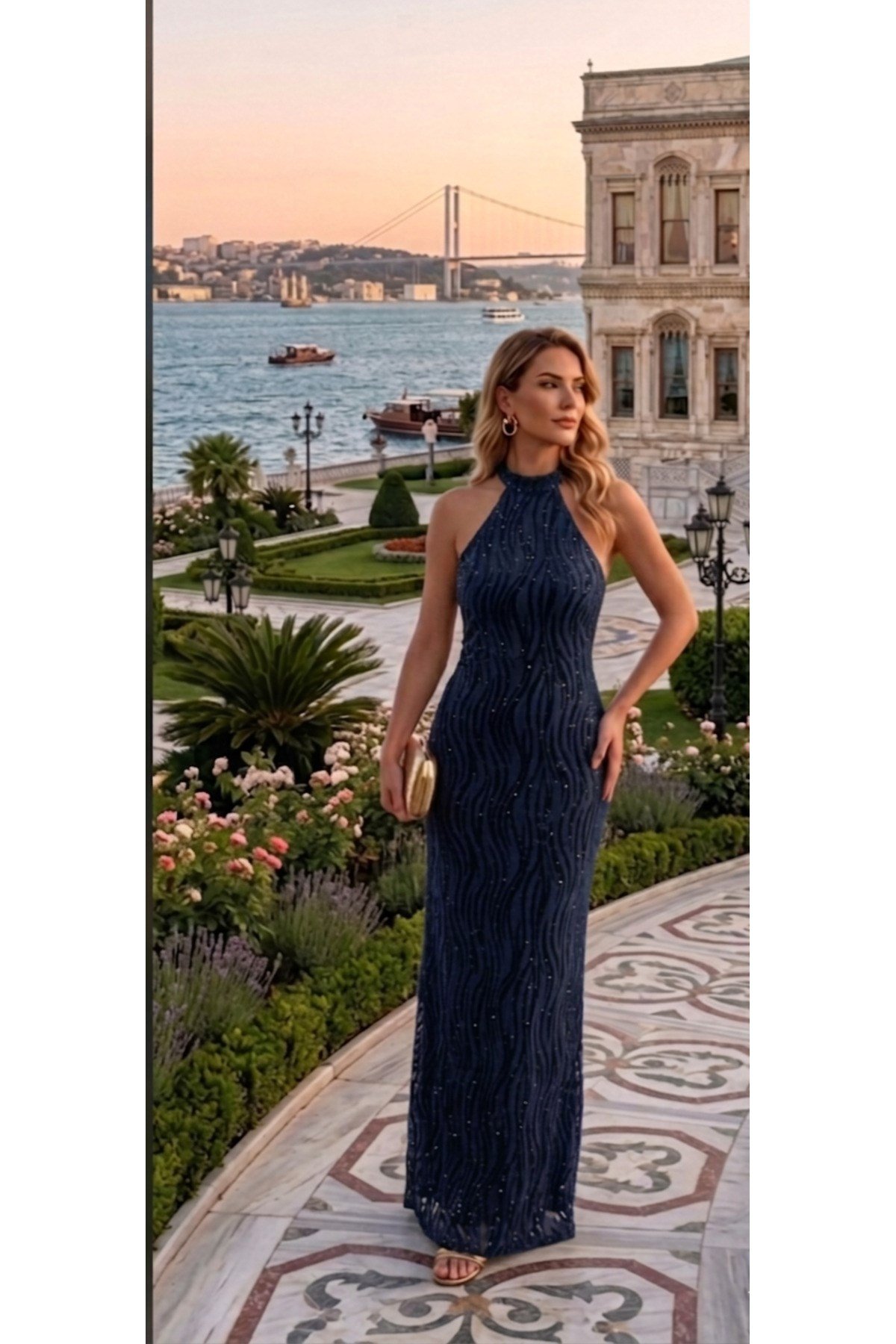 Zarif Işıltılı Halter Yaka Dokulu Simli Abiye & Mezuniyet& şık gece Elbisesi