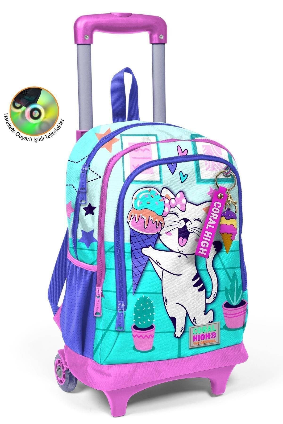 Kids Turkuaz Pembe Dondurmalı Kedi Desenli Üç Bölmeli Çekçekli Okul Sırt Çantası 23951