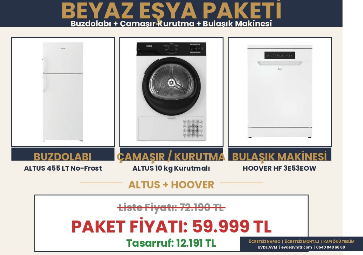 BEYAZ EŞYA PAKETİ - Buzdolabı + Çamaşır Kurutma + Bulaşık