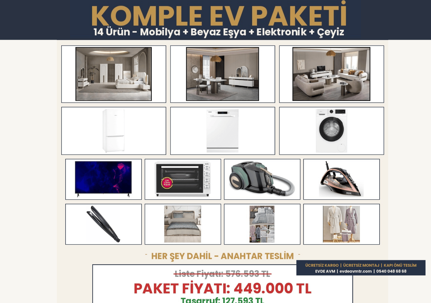 KOMPLE EV PAKETİ - Mobilya + Beyaz Eşya + Elektronik + Çeyiz (14 Ürün)