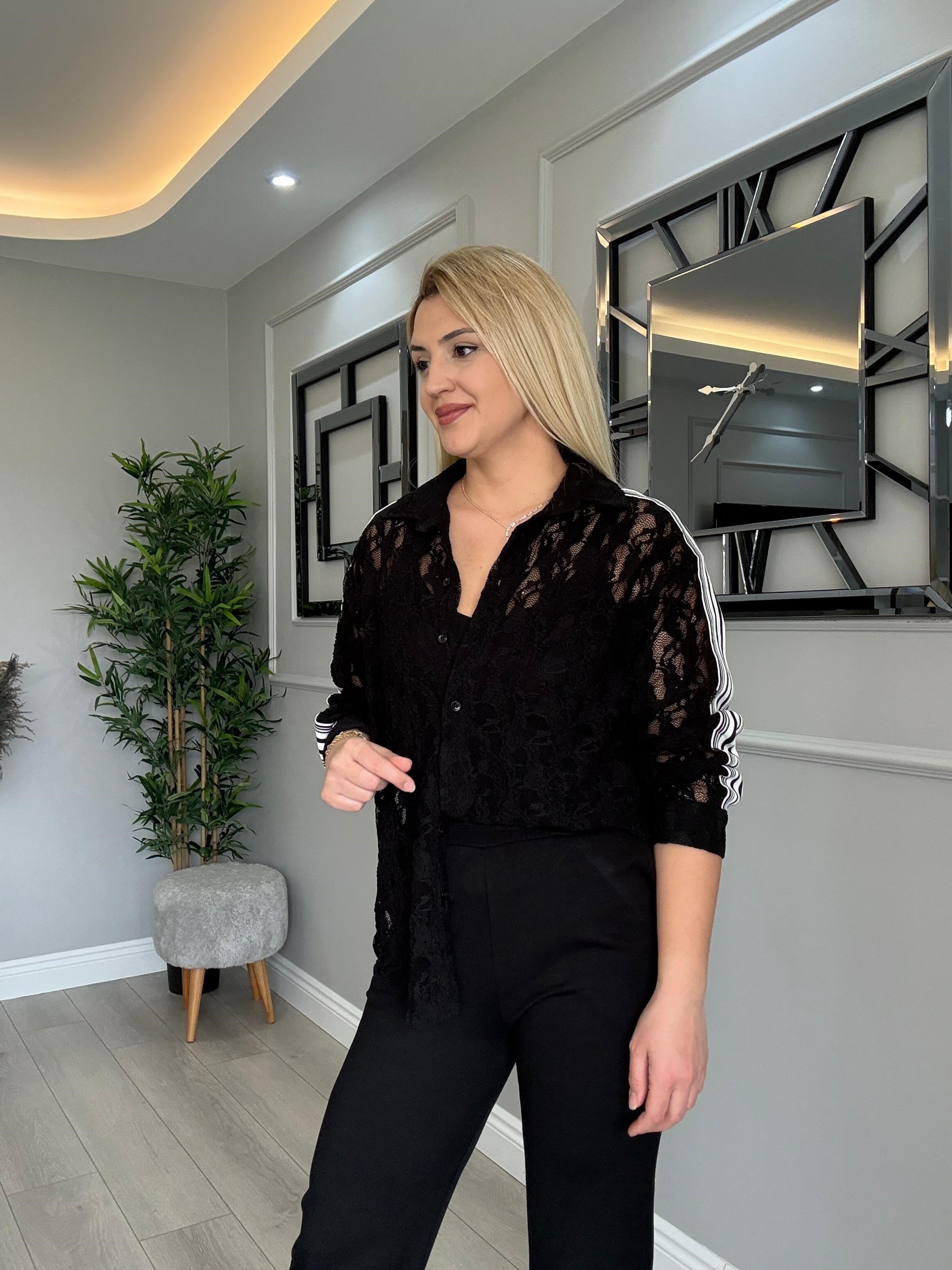 DANTEL GÖMLEKLİ, MODAL PANTOLON VE ATLETLİ 3LÜ TAKIM SİYAH