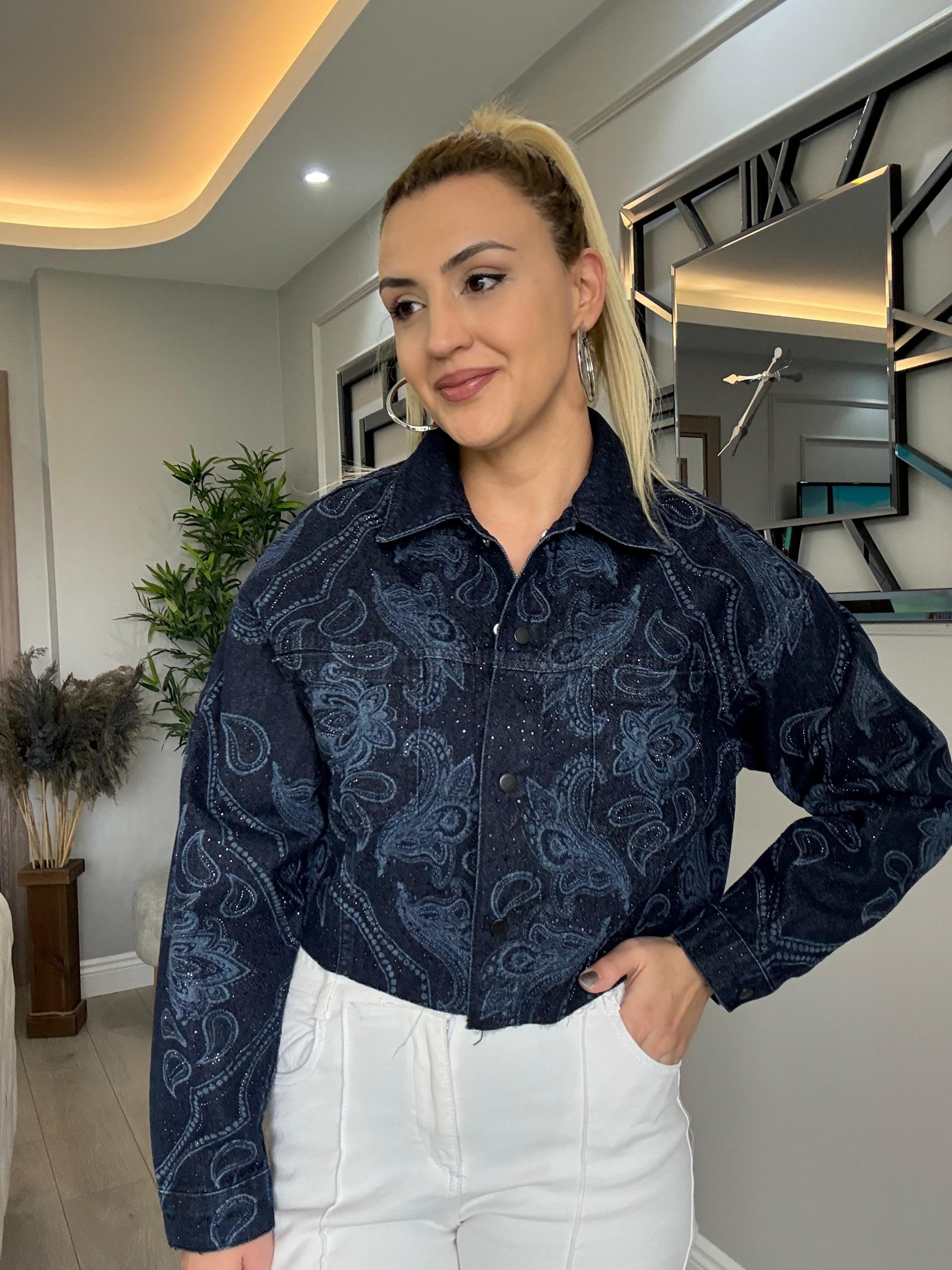 KENDİNDEN DESENLİ FULL TAŞLI DENİM CEKET LACİVERT
