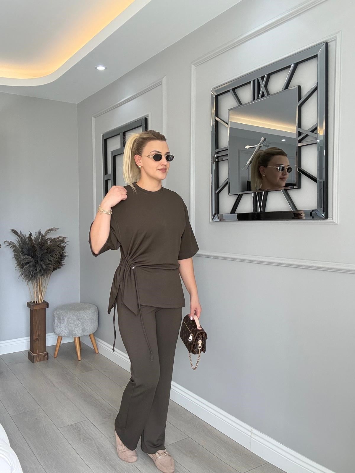 KOYU HAKİ YANLARI BÜZGÜLÜ MODAL TAKIM