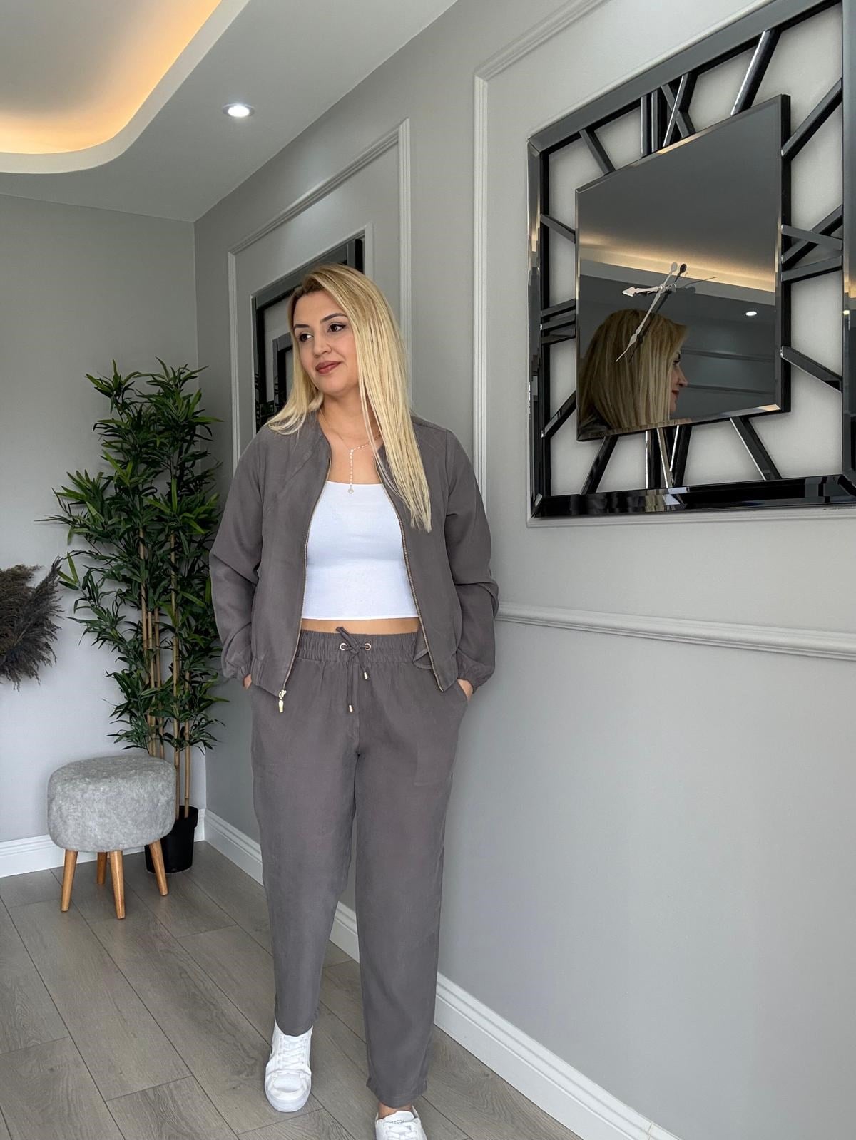 MÜKEMMEL KALİTEDE FERMUARLI TENSEL TAKIM GRİ