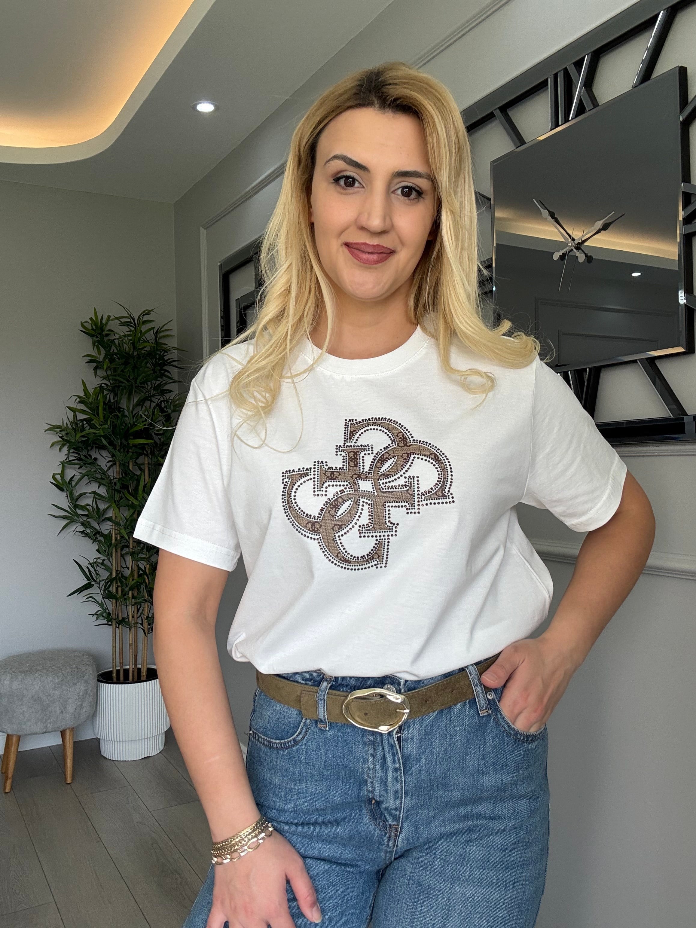 Orj marka taşlı tshirt beyaz 