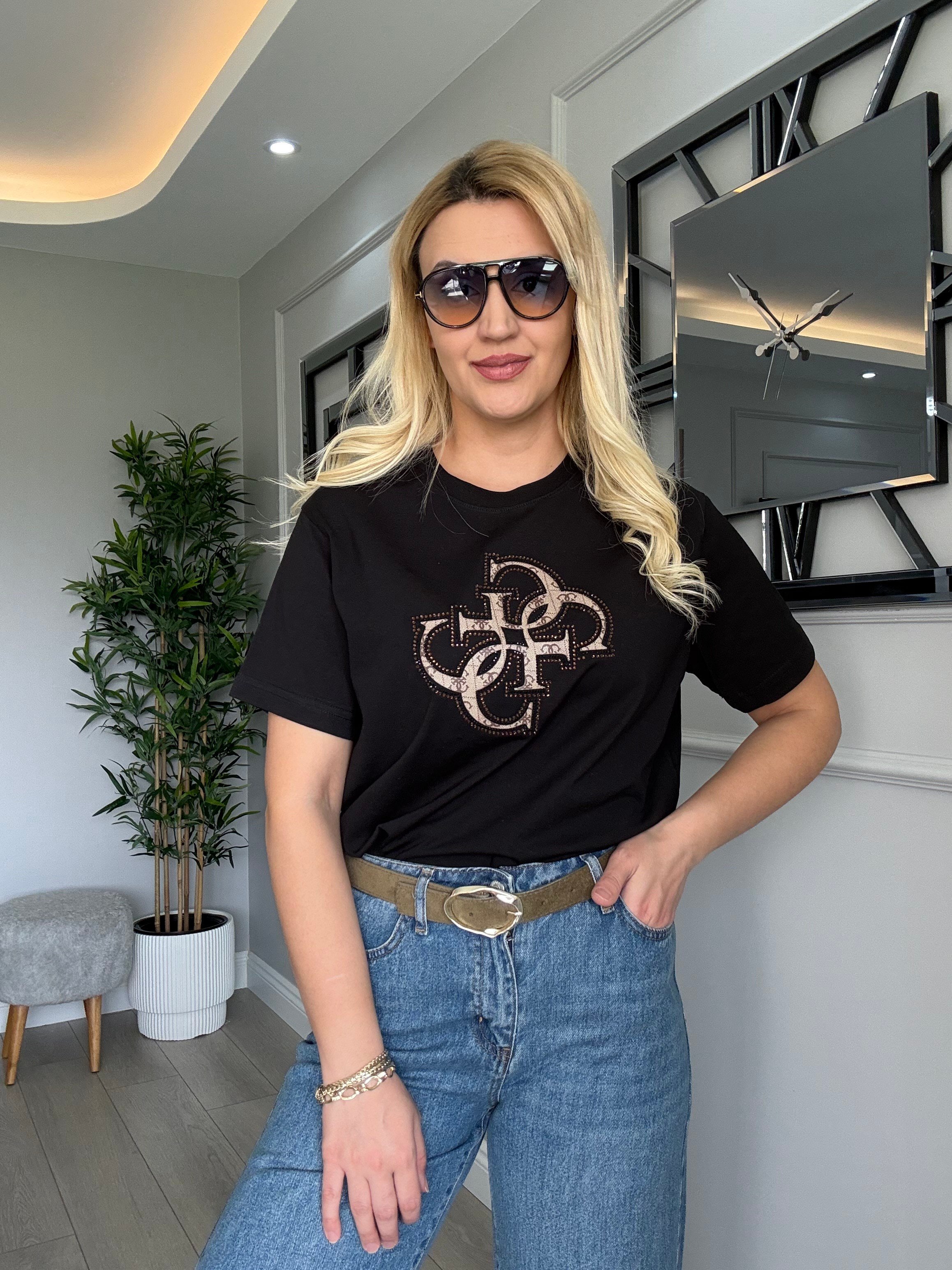 Orj marka taşlı tshirt siyah