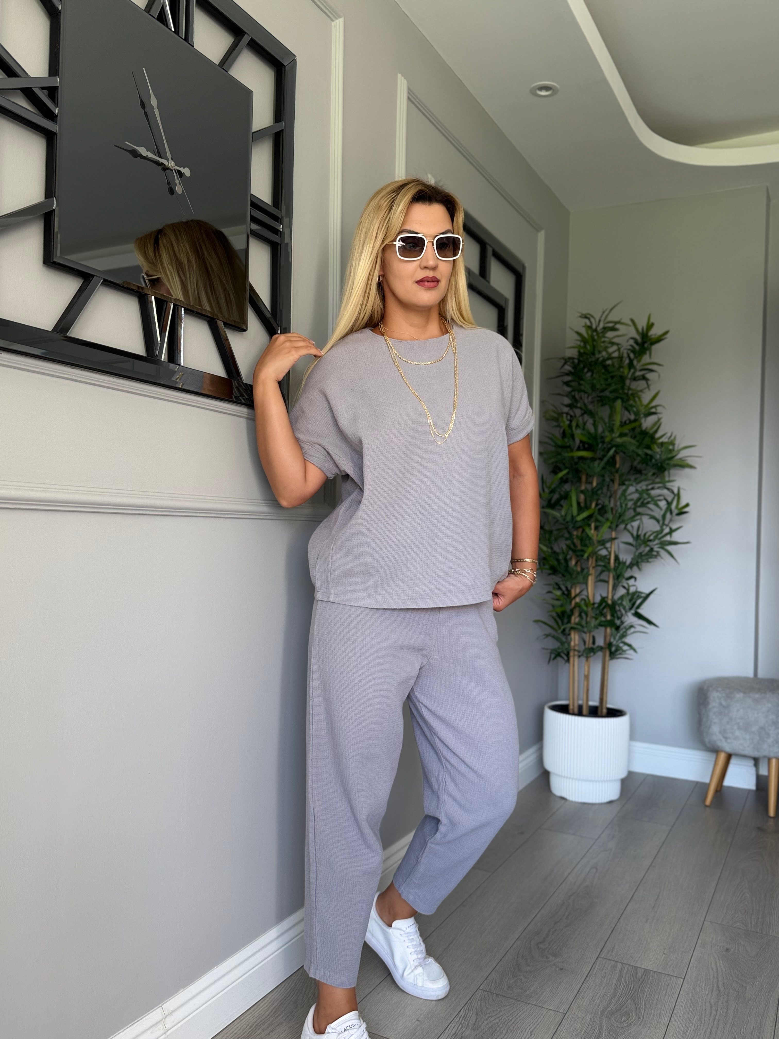 Premium kalite natural  keten takım gri