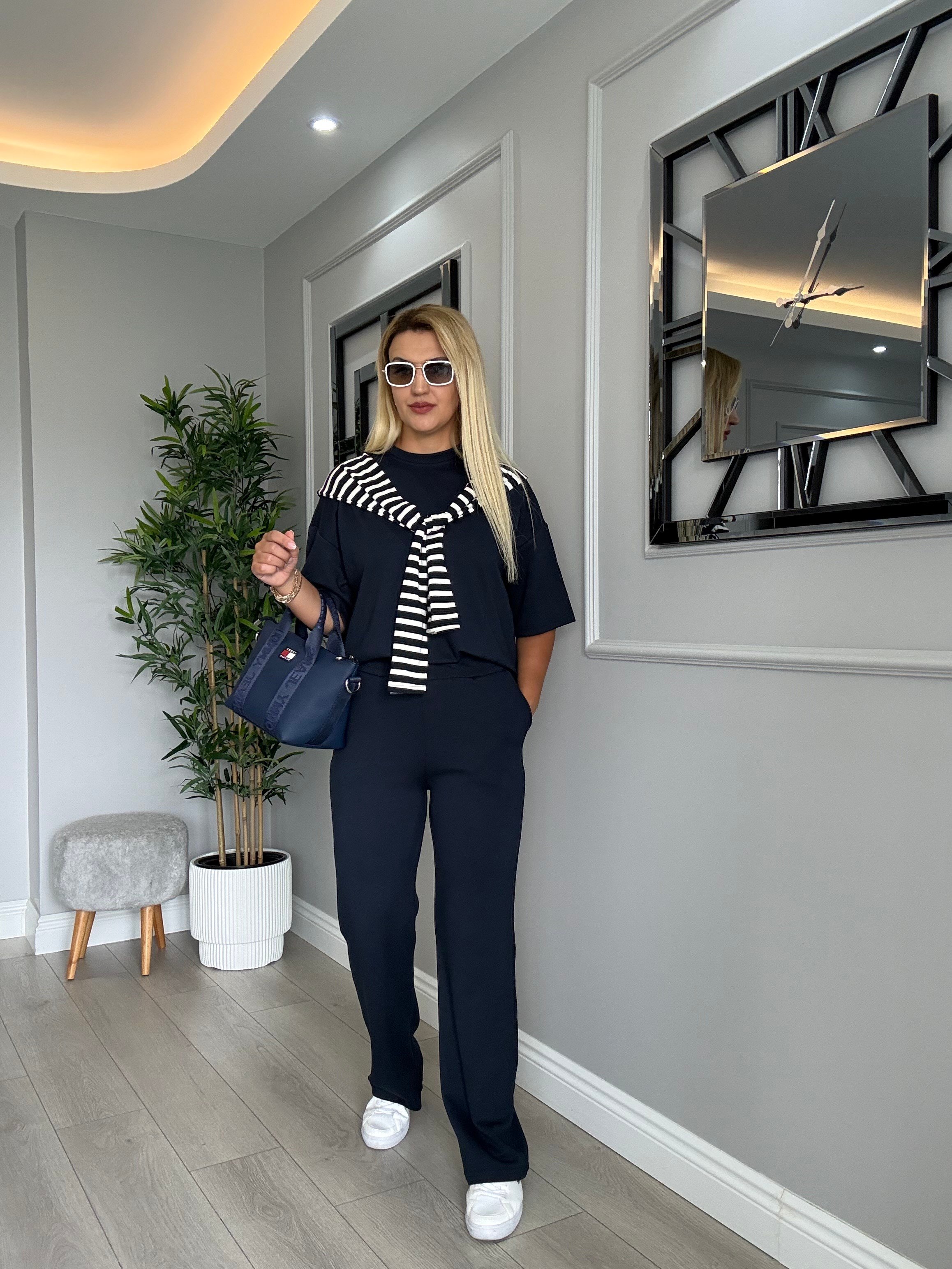 Şal detaylı premium kalite modal takım lacivert 